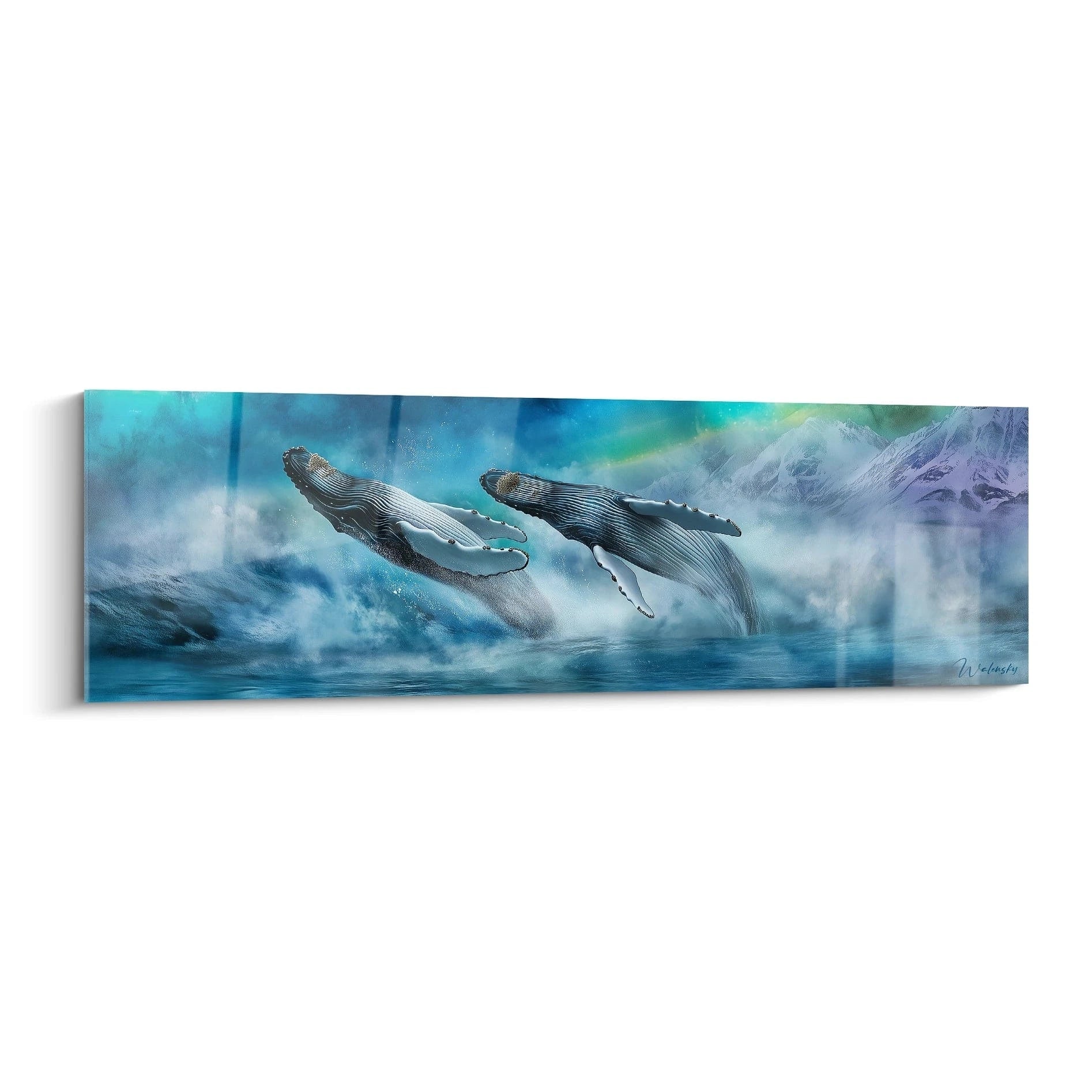 Tableau représentant des baleines nageant sous une aurore boréale, signé Walensky