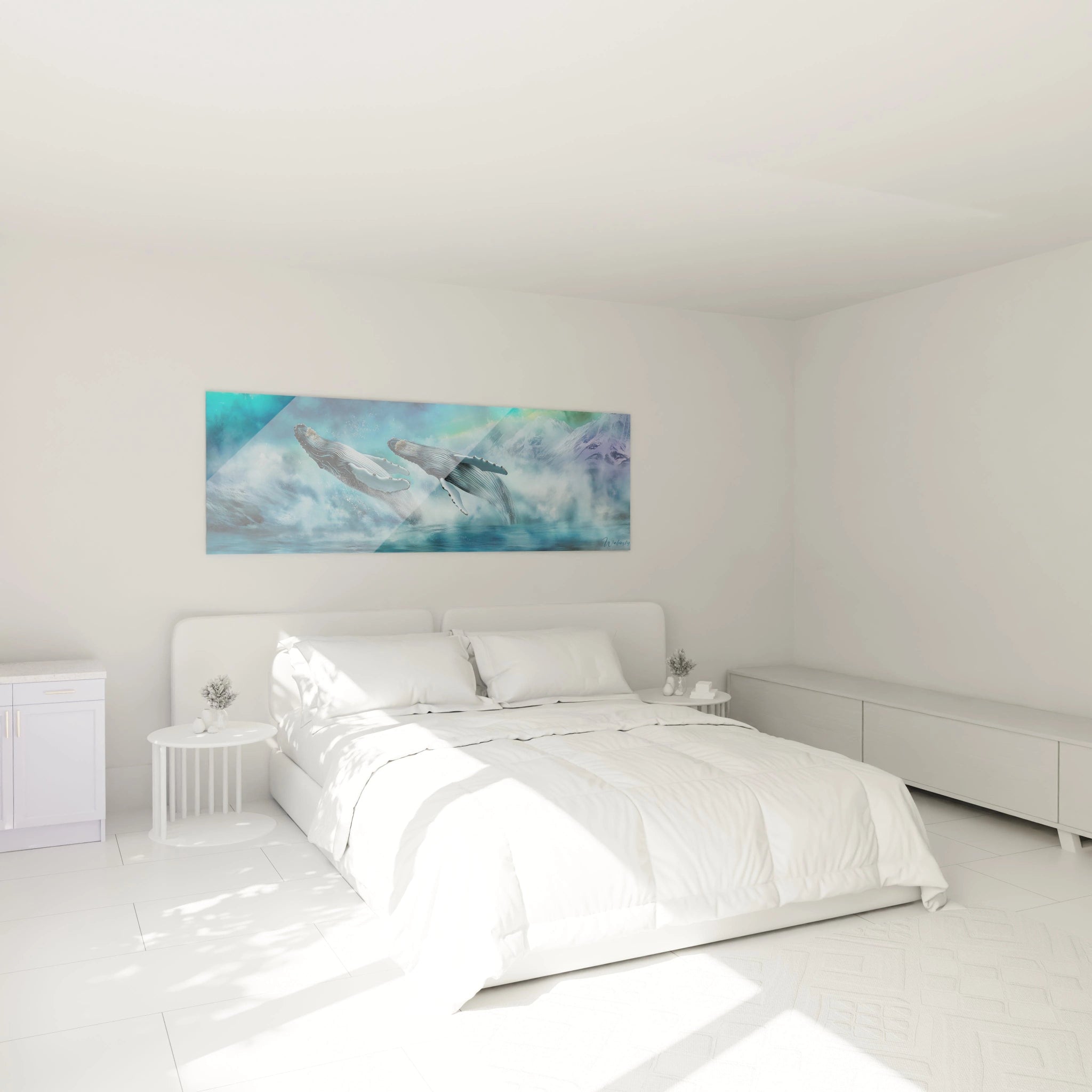 Tableau baleine de Walensky avec des teintes apaisantes pour décorer une chambre moderne