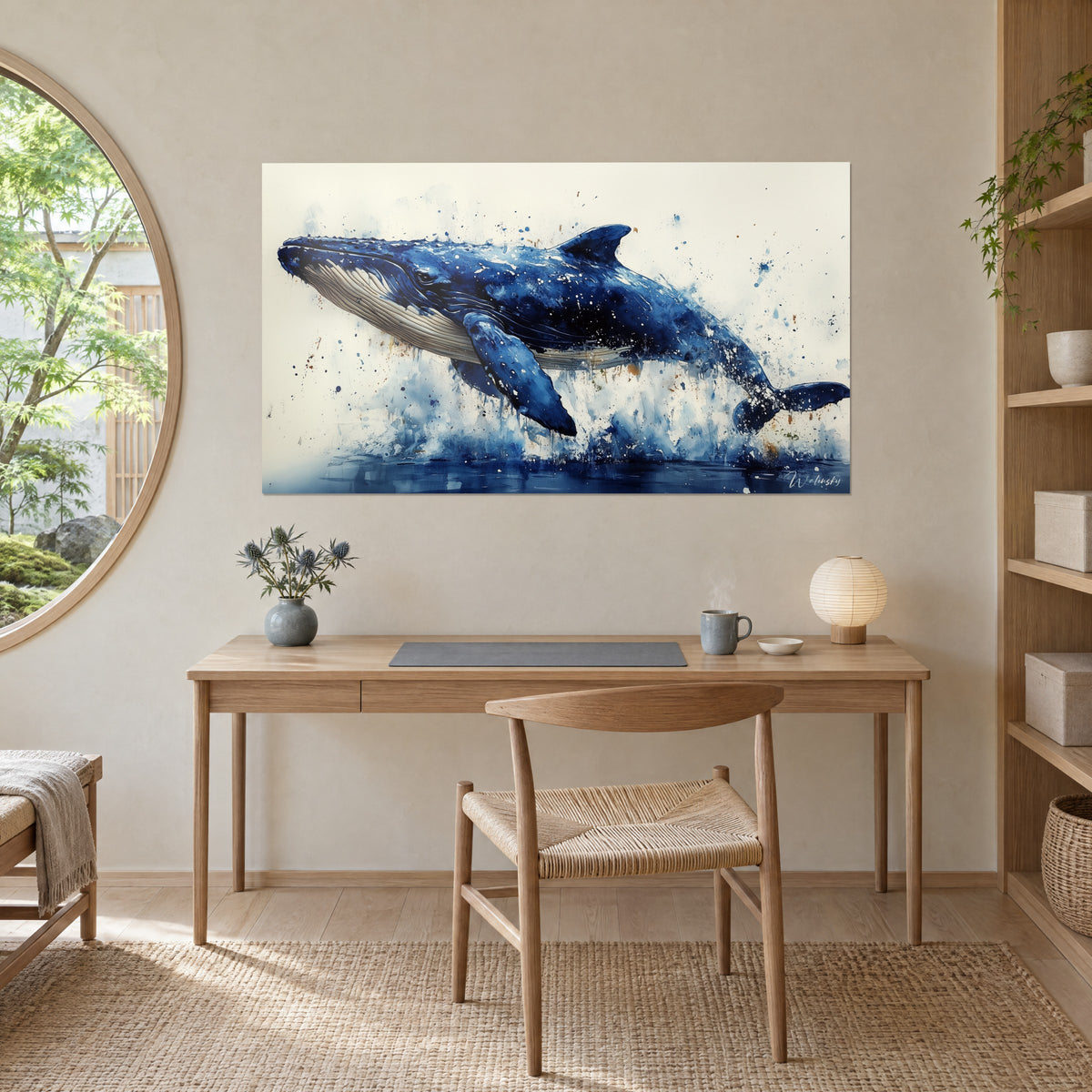 Cuadro de una ballena saltando sobre fondo crema, salpicaduras cobalto y toques óxido, frente a un escritorio de madera clara junto a una ventana redonda