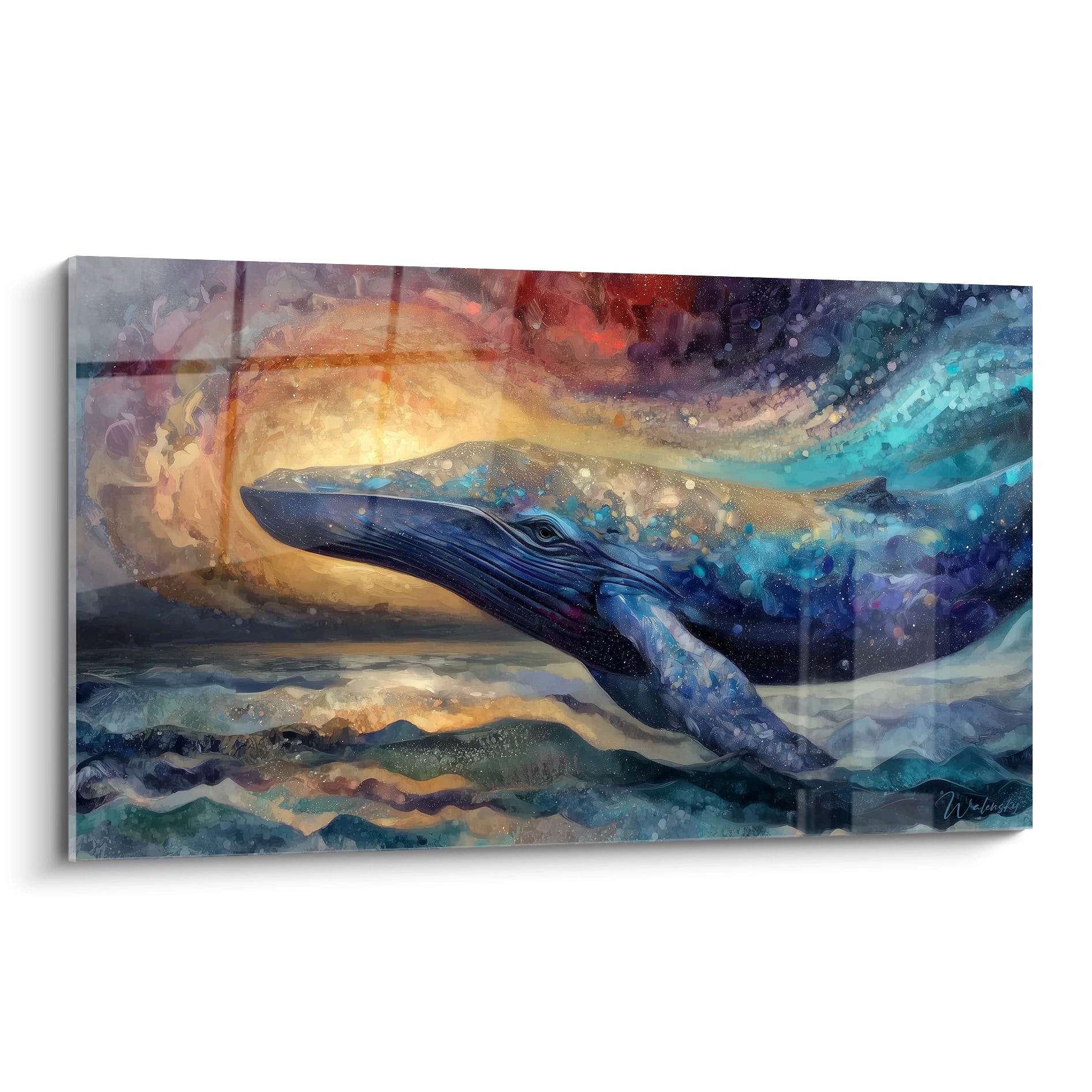 Tableau mural baleine cosmique naviguant dans un océan céleste aux couleurs turquoise et orange
