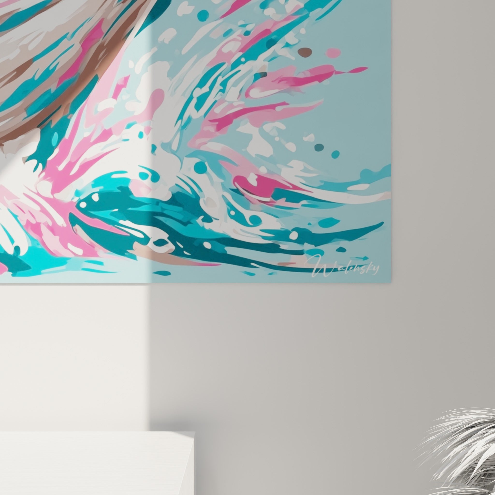 Détail des empâtements roses et bleu pétrole formant l'éclaboussure autour de la baleine peinte