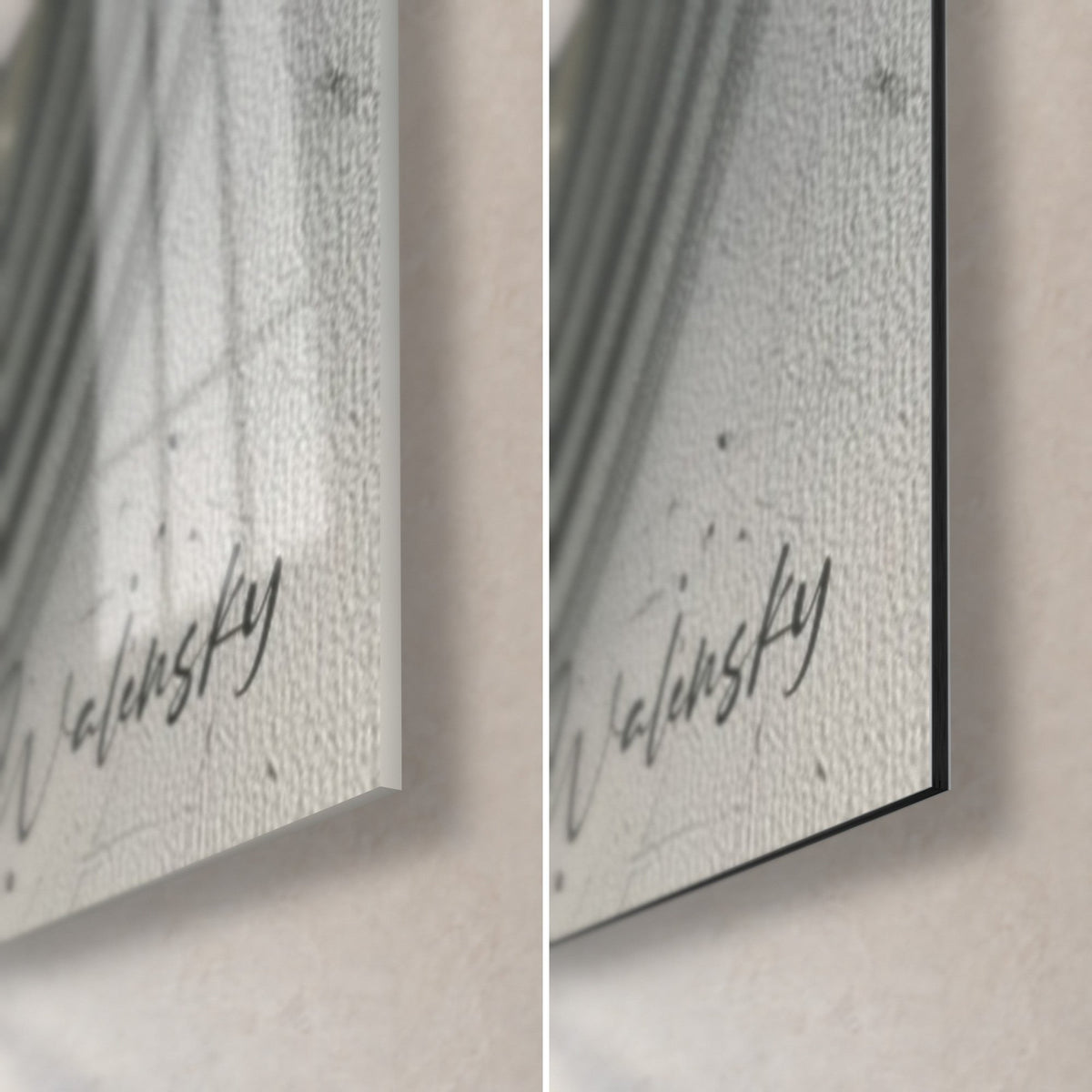 Schilderij zwarte en ivoorkleurige walvis, rechterhoek onderaan, handtekening Walensky, glanzend acrylglas links, matzwarte Dibond-rand
