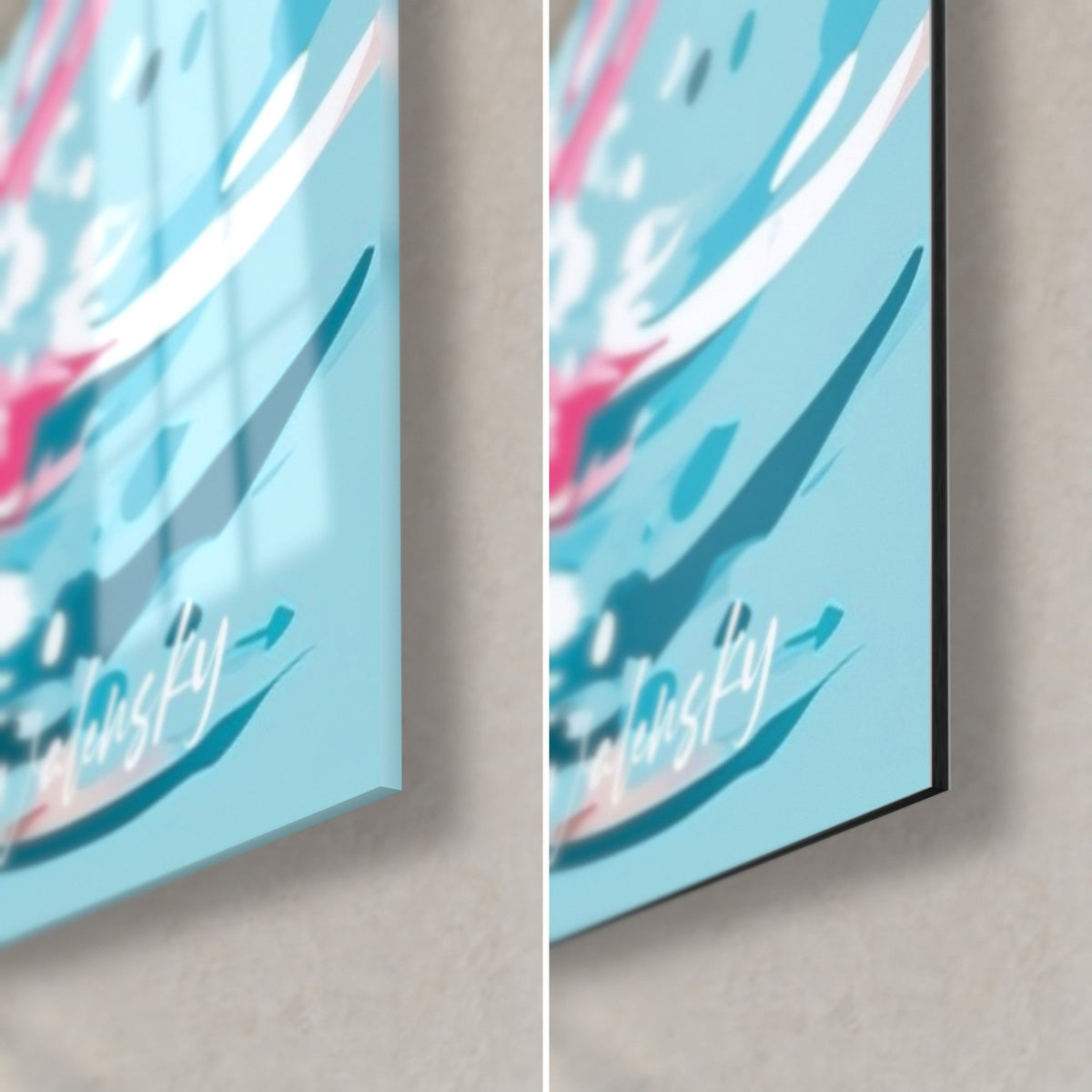 Gemälde Wal in Türkis und Rosa, untere rechte Ecke: glänzendes Acrylglas links, mattschwarzes Alu-Dibond rechts, 3 mm Kante