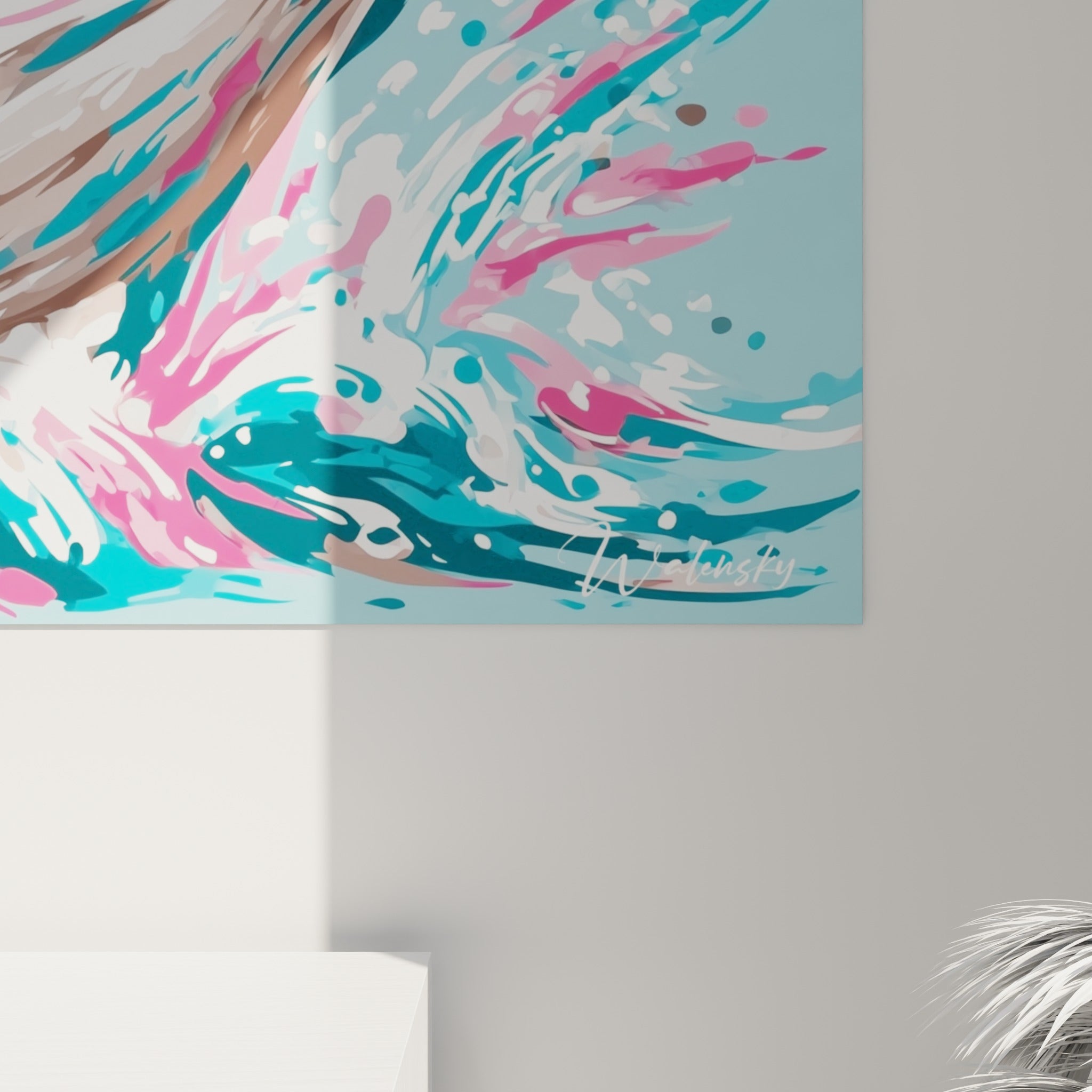 Détail des empâtements turquoise et rose fuchsia qui se mêlent en coulures sur la toile de la baleine
