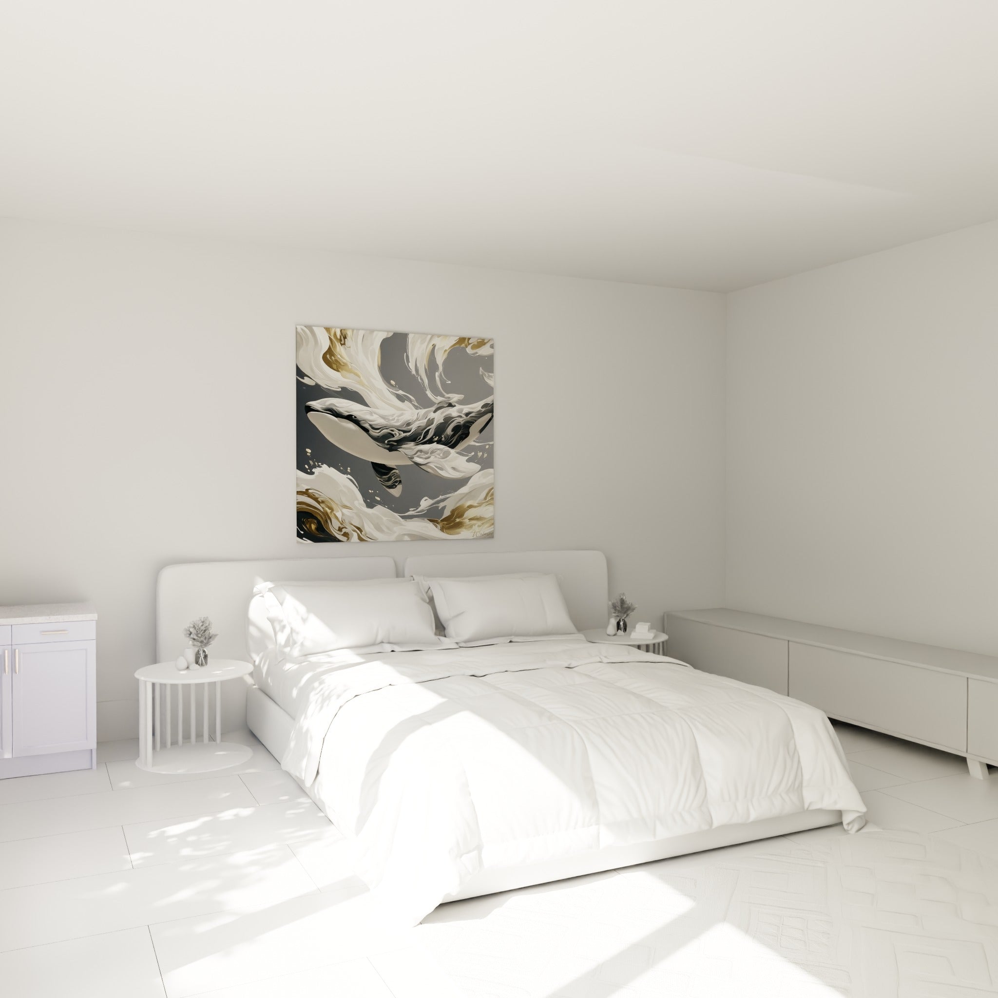 Cétacé aux volutes dorées et grises suspendu au-dessus d'un lit dans une chambre claire