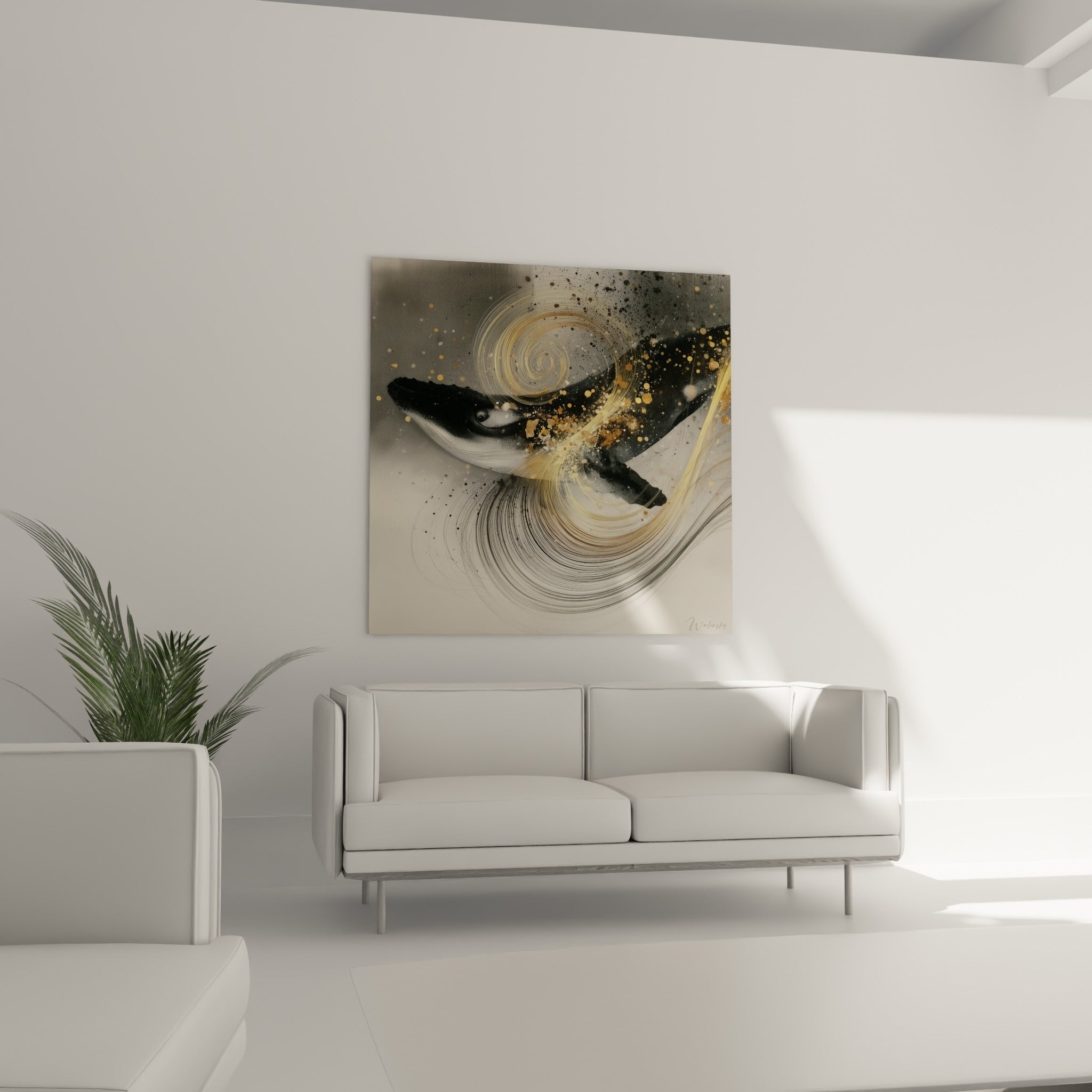 Baleine anthracite entourée d'un vortex bronze et doré, suspendue au-dessus d'un canapé dans un salon lumineux
