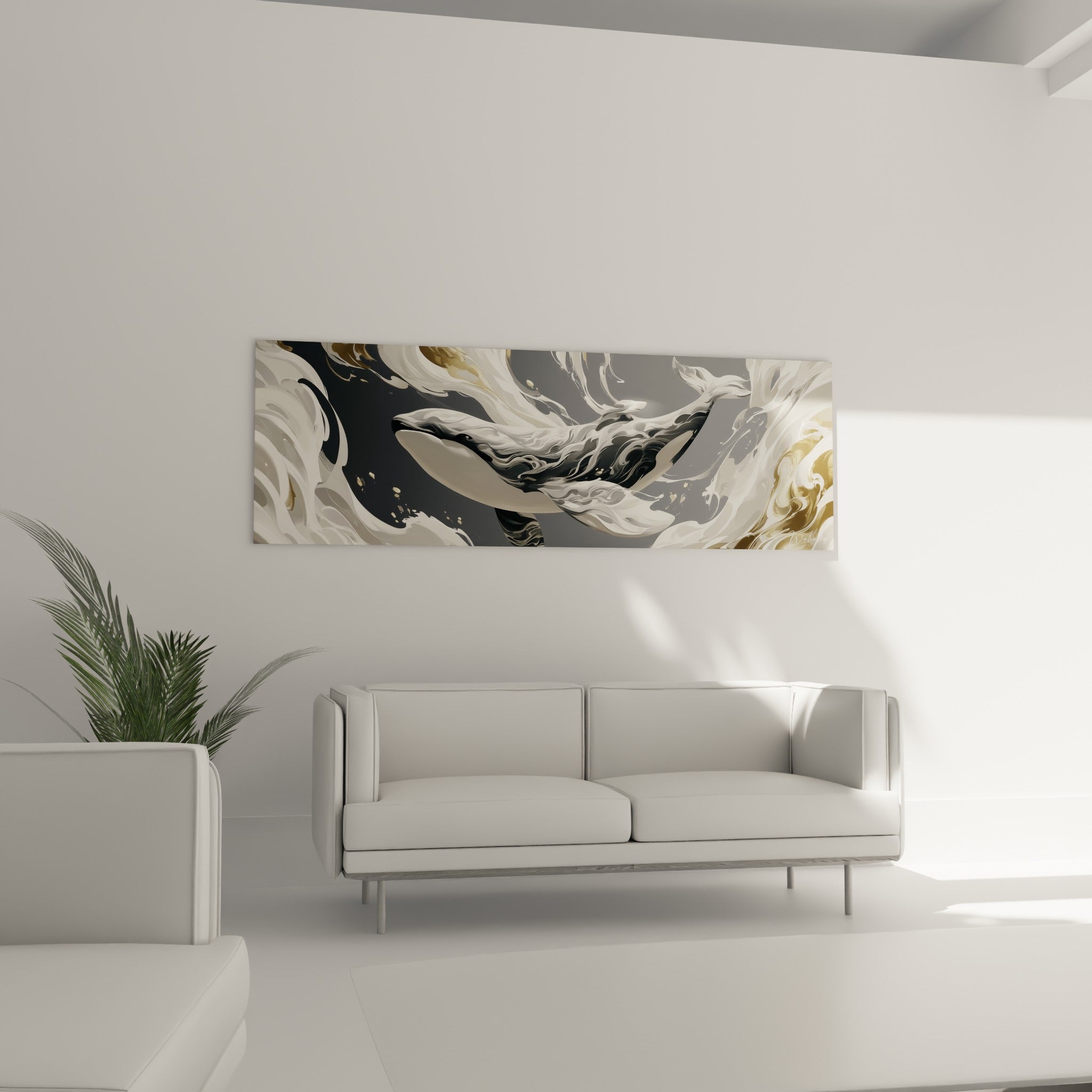 Silhouette de baleine blanche et anthracite entourée de vagues dorées, au-dessus d'un canapé dans un salon lumineux