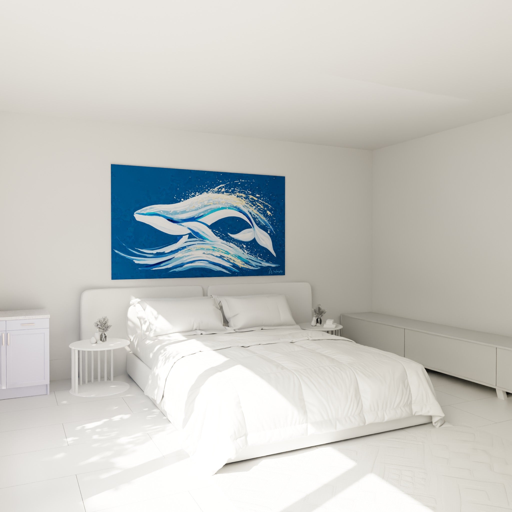Cétacé bleu et doré en plein saut, accroché au-dessus d'un lit dans une chambre claire