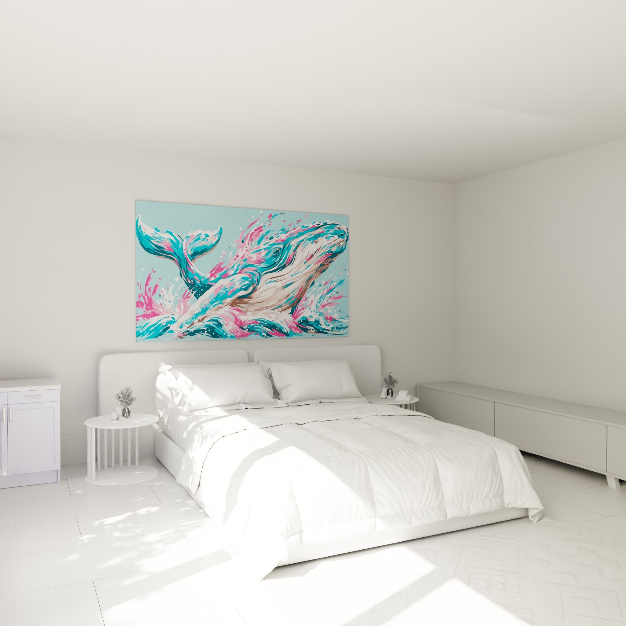Cétacé aux teintes turquoise et fuchsia en plein bond, accroché au-dessus d'un lit dans une chambre claire