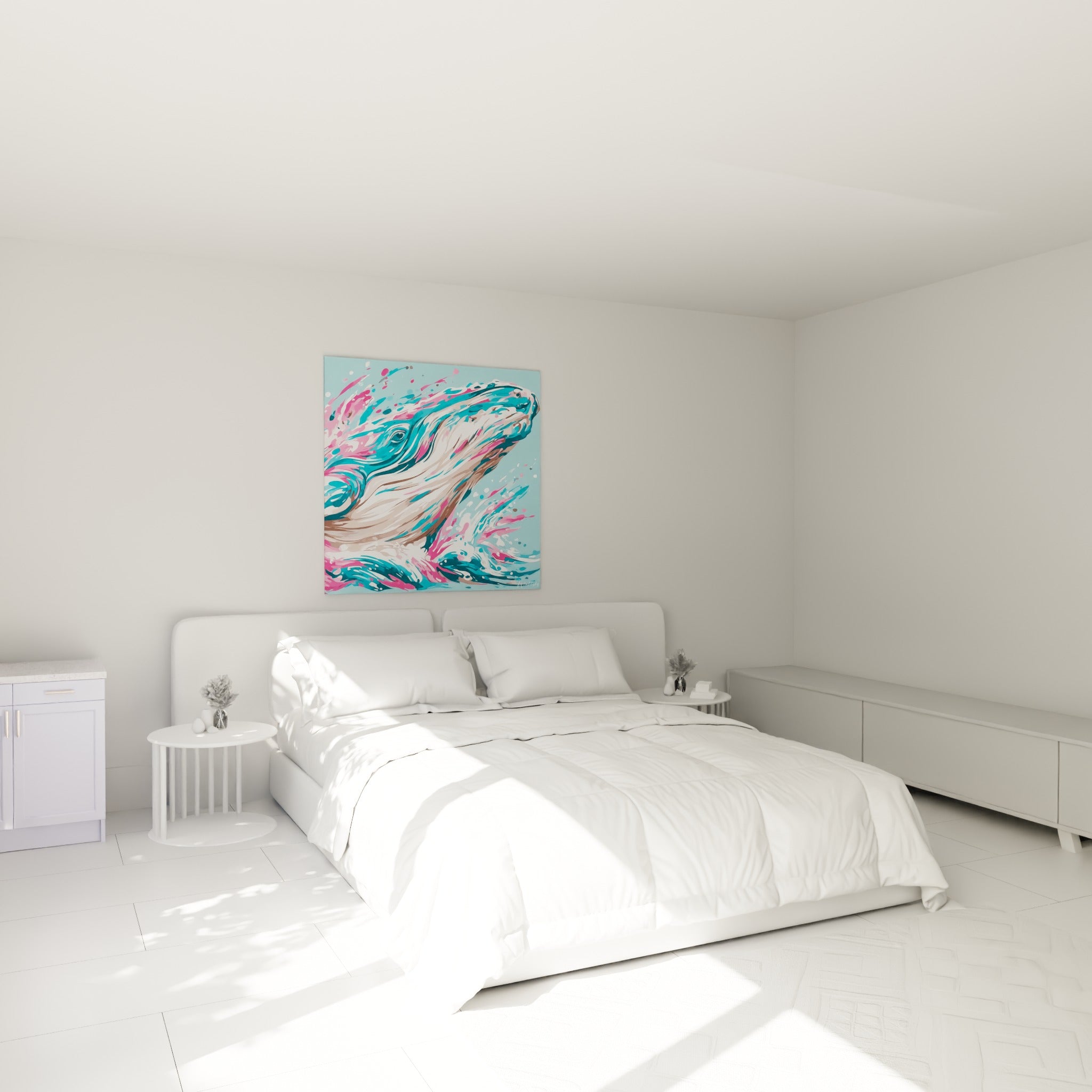 Cétacé aux tons bleu pastel et rose magenta accroché au-dessus d'un lit dans une chambre claire