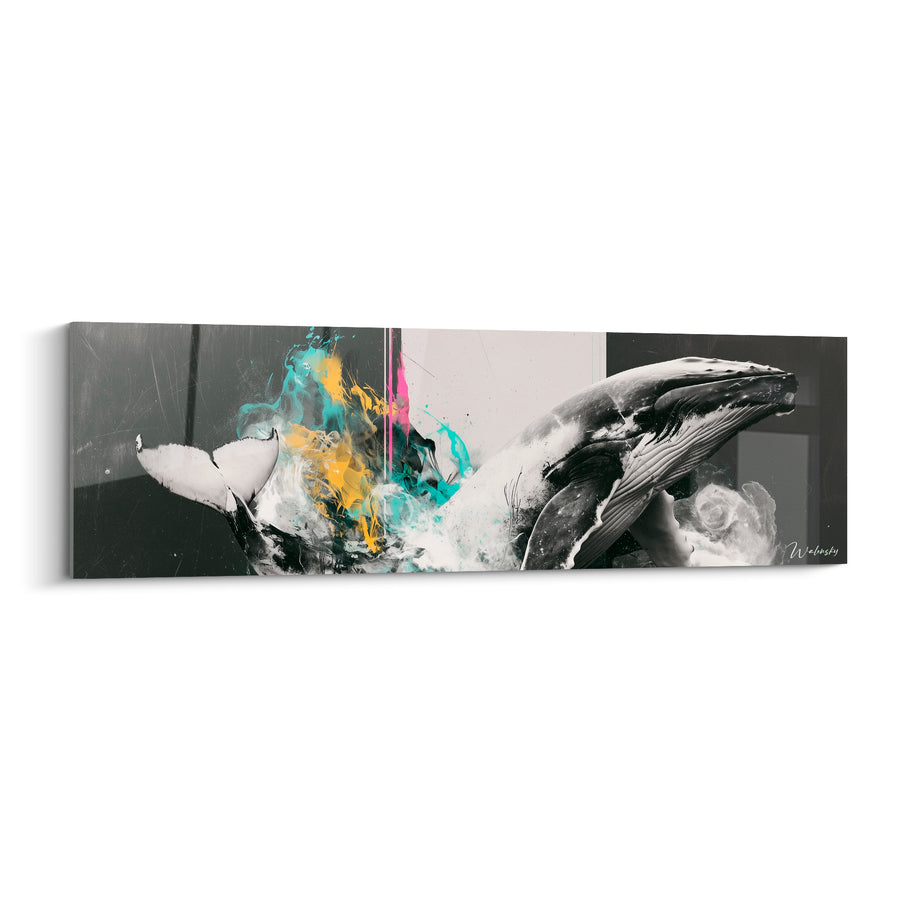 Tableau Baleine éclaboussures turquoise et jaune sur fond gris - Surgissement des abysses - Edition Baleine