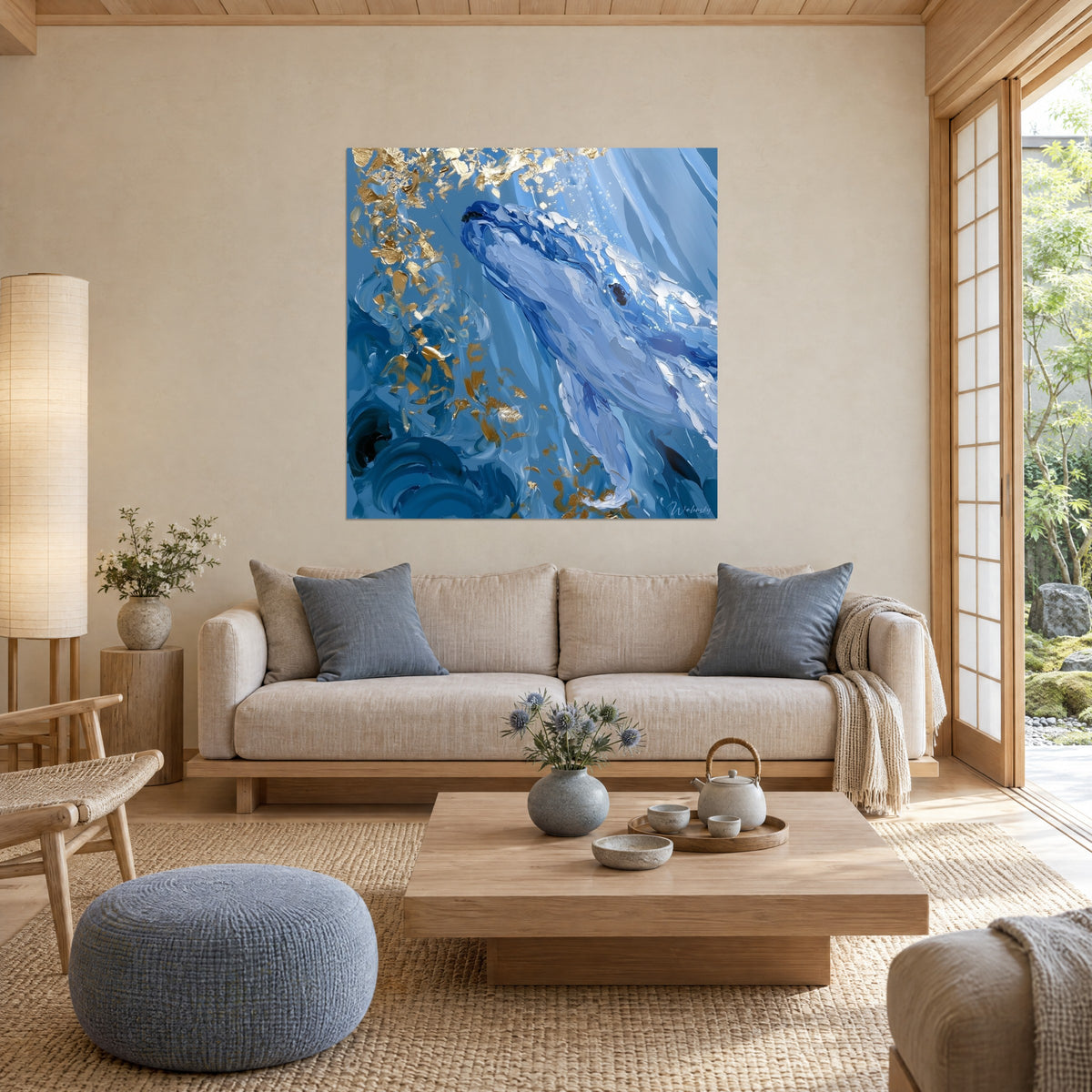 Quadro di cetaceo blu navy che risale verso la luce, scintille d'oro fluttuanti, sopra un divano in un soggiorno luminoso