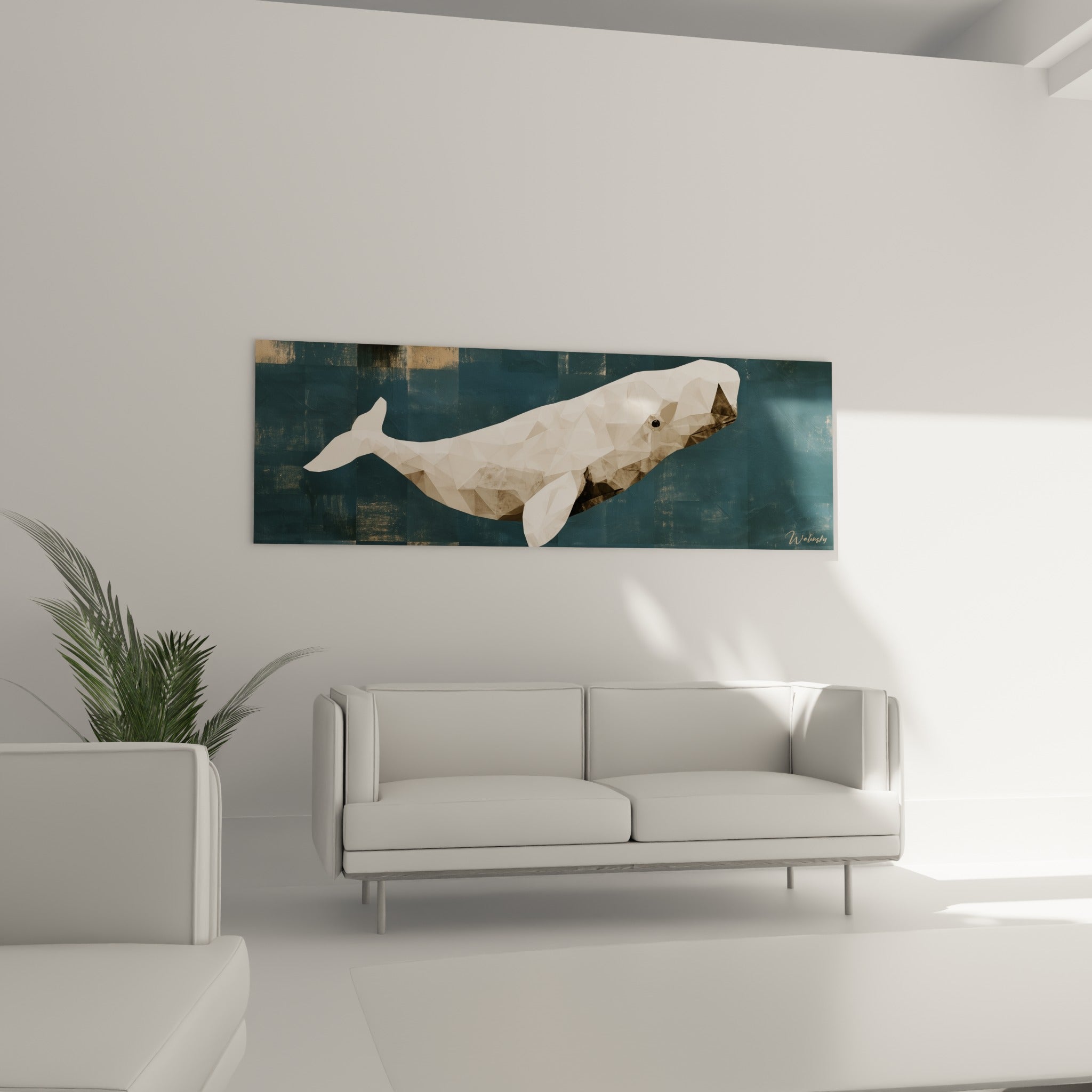 Nage paisible de la baleine géométrique bleu marine et crème au-dessus d'un canapé dans un salon lumineux