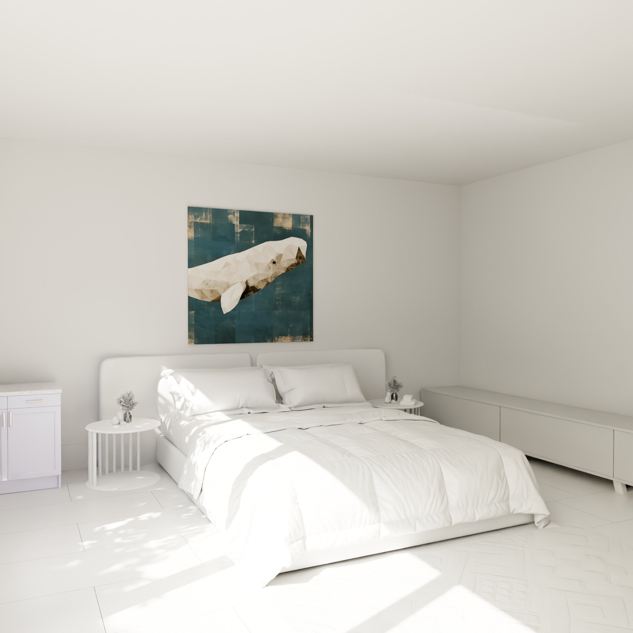 Silhouette de baleine blanche et dorée en polygones, au-dessus d'un lit dans une chambre claire