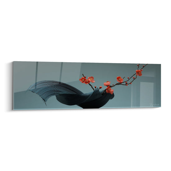 Black Whale with Coral Cherry Blossom Painting - Marine Harmony - Ikebana Edition