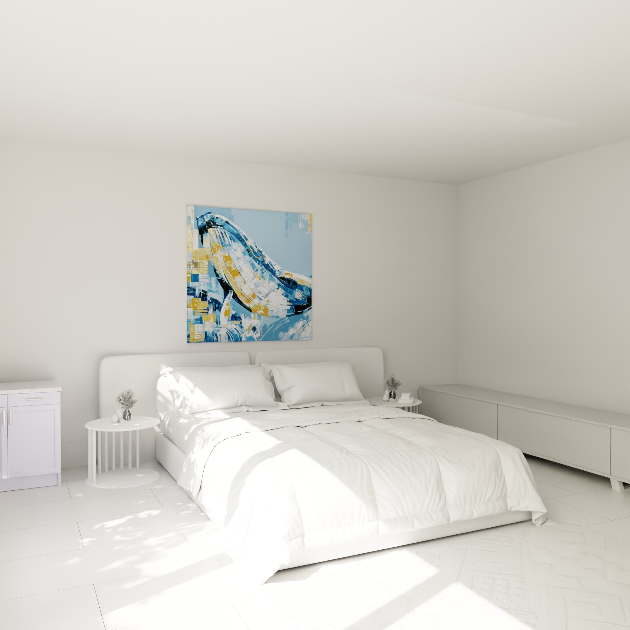 Silhouette de baleine dorée et bleu marine texturée, au-dessus d'un lit dans une chambre claire