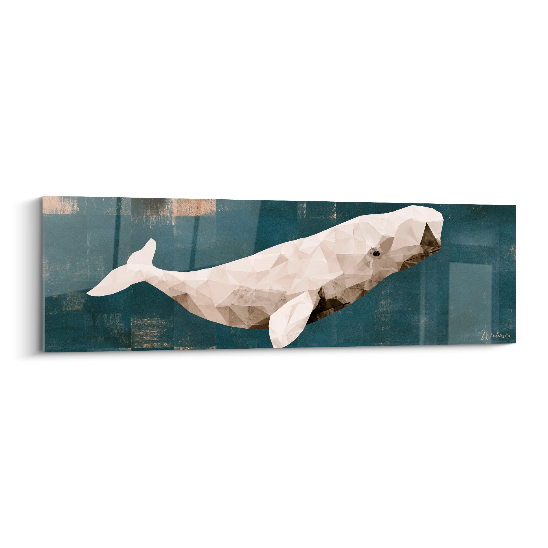 Baleine ivoire géométrique nageant sur fond bleu marine texturé, technique polygonale contemporaine