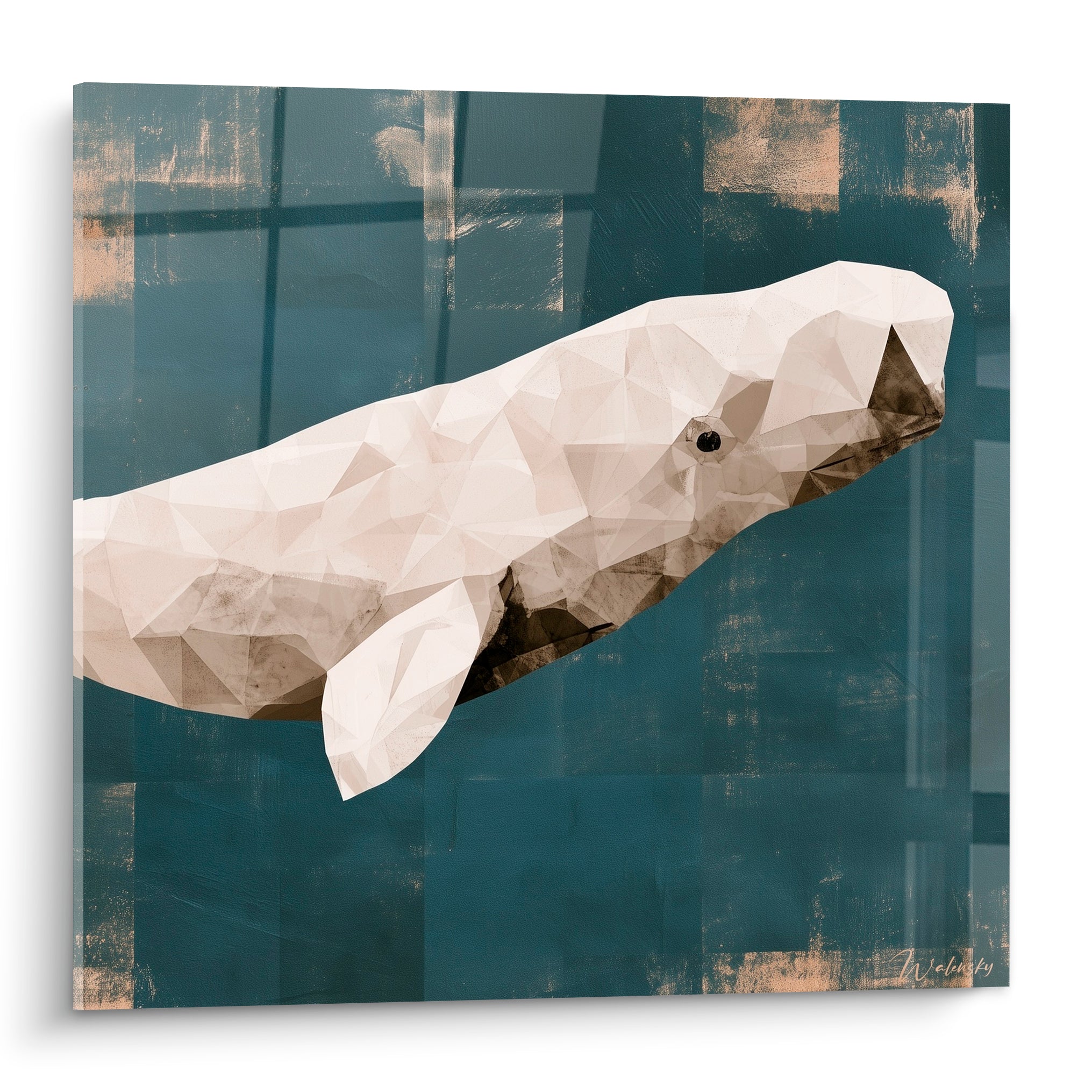 Baleine ivoire aux facettes géométriques nageant sur un fond bleu marine et ocre texturé