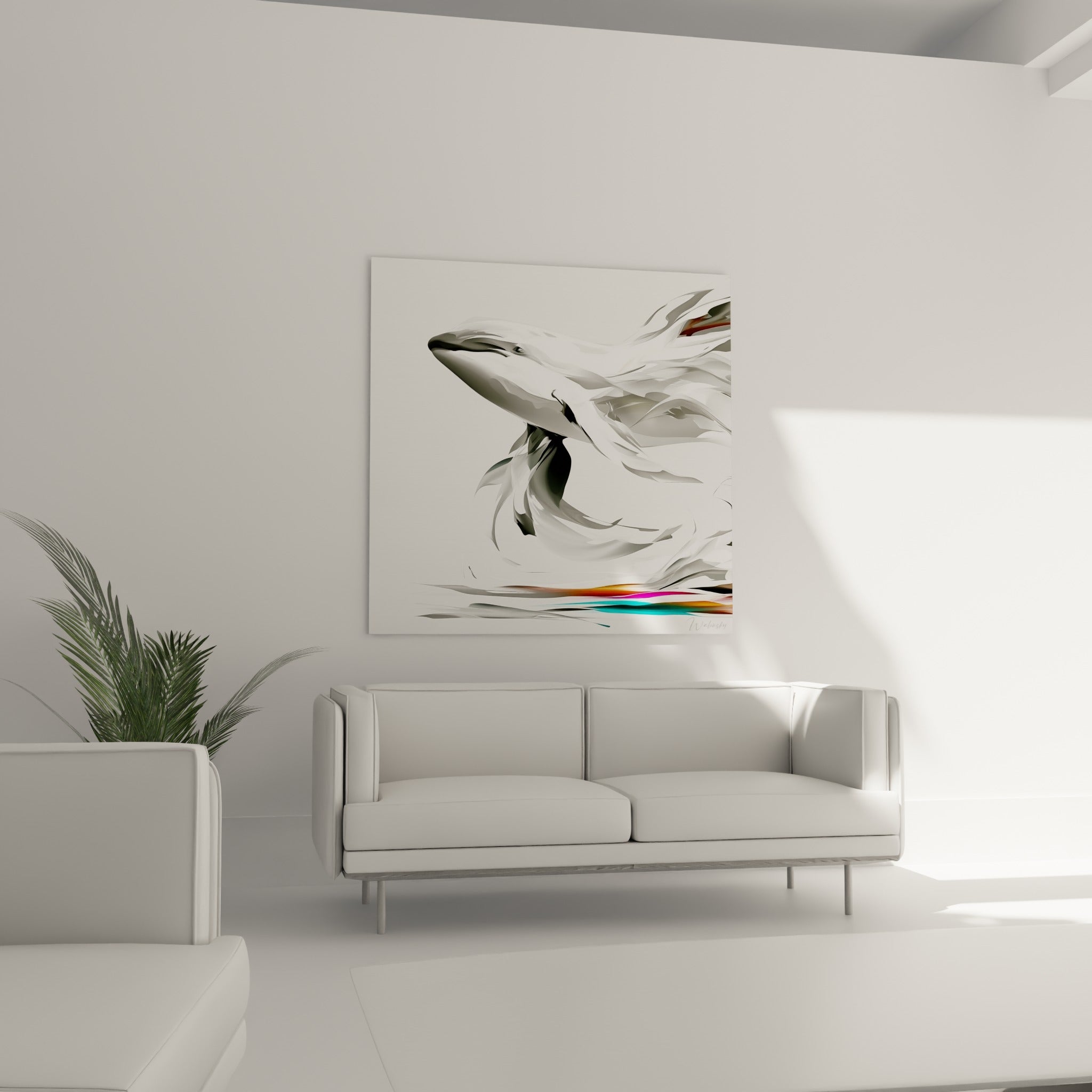 Baleine graphique blanc et anthracite aux reflets turquoise, suspendue au-dessus d'un canapé dans un salon lumineux
