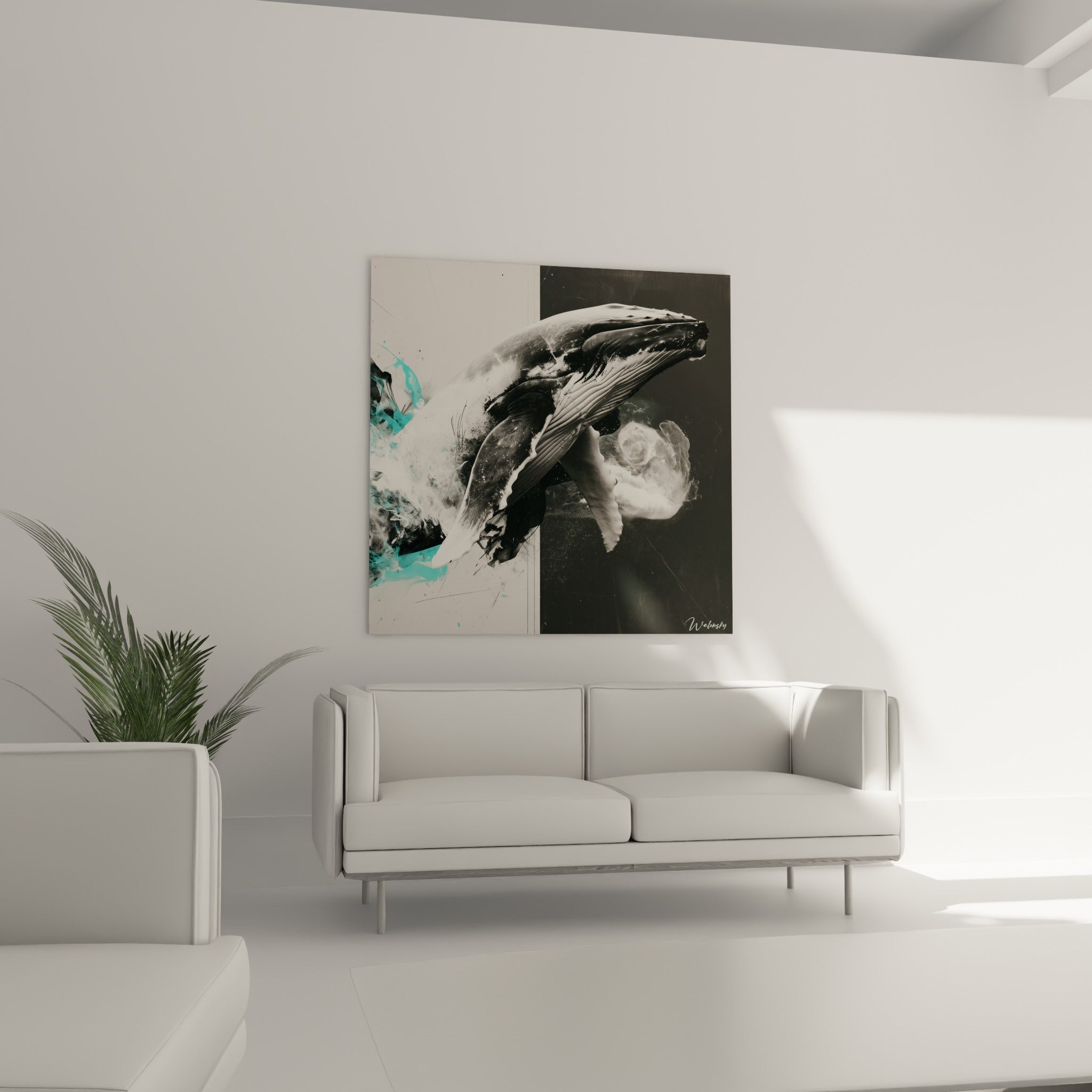 Mammifère marin gris et blanc jaillissant avec touches turquoise, au-dessus d'un canapé dans un salon lumineux