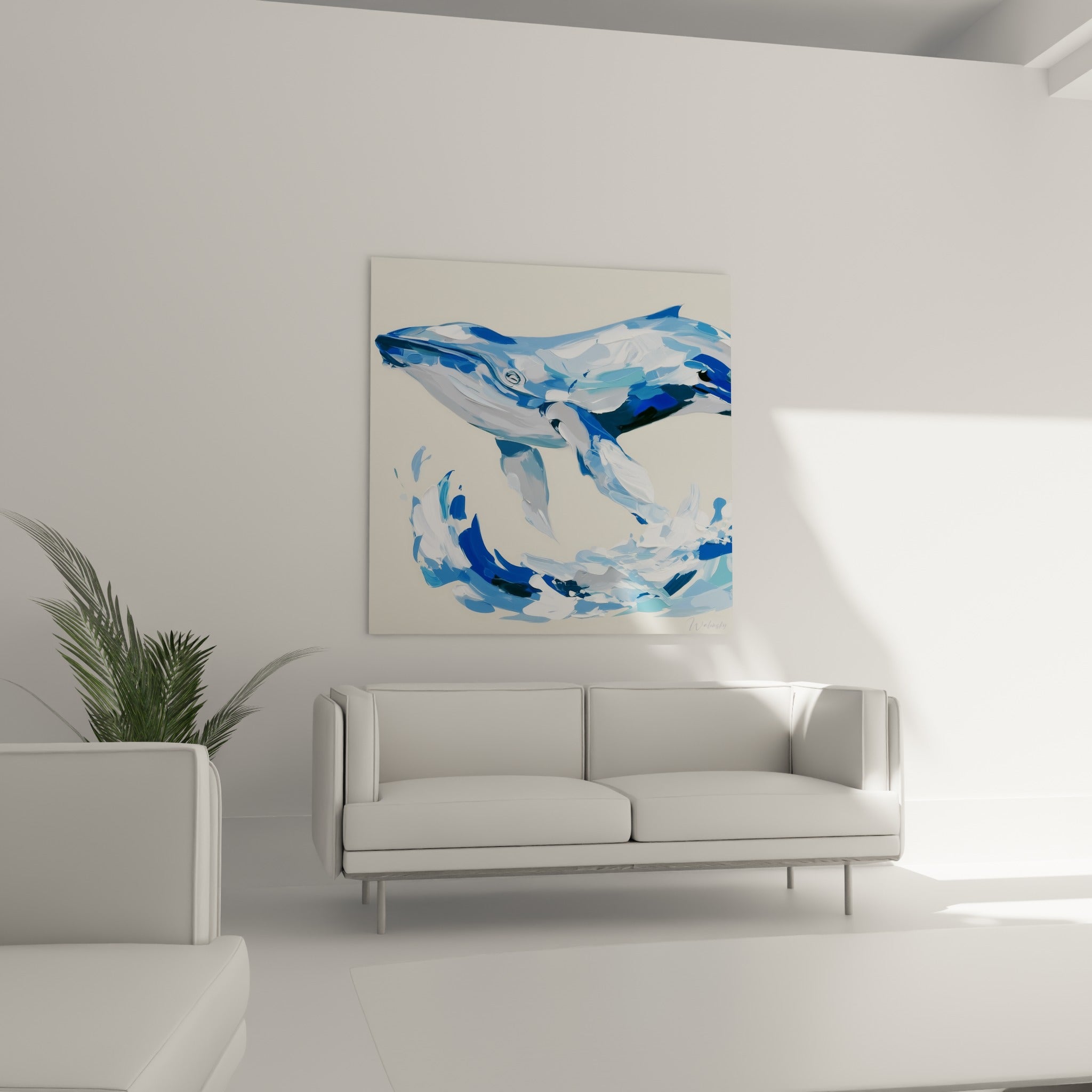 Cétacé bleu pastel et gris perle surgissant des vagues, au-dessus d'un canapé dans un salon lumineux