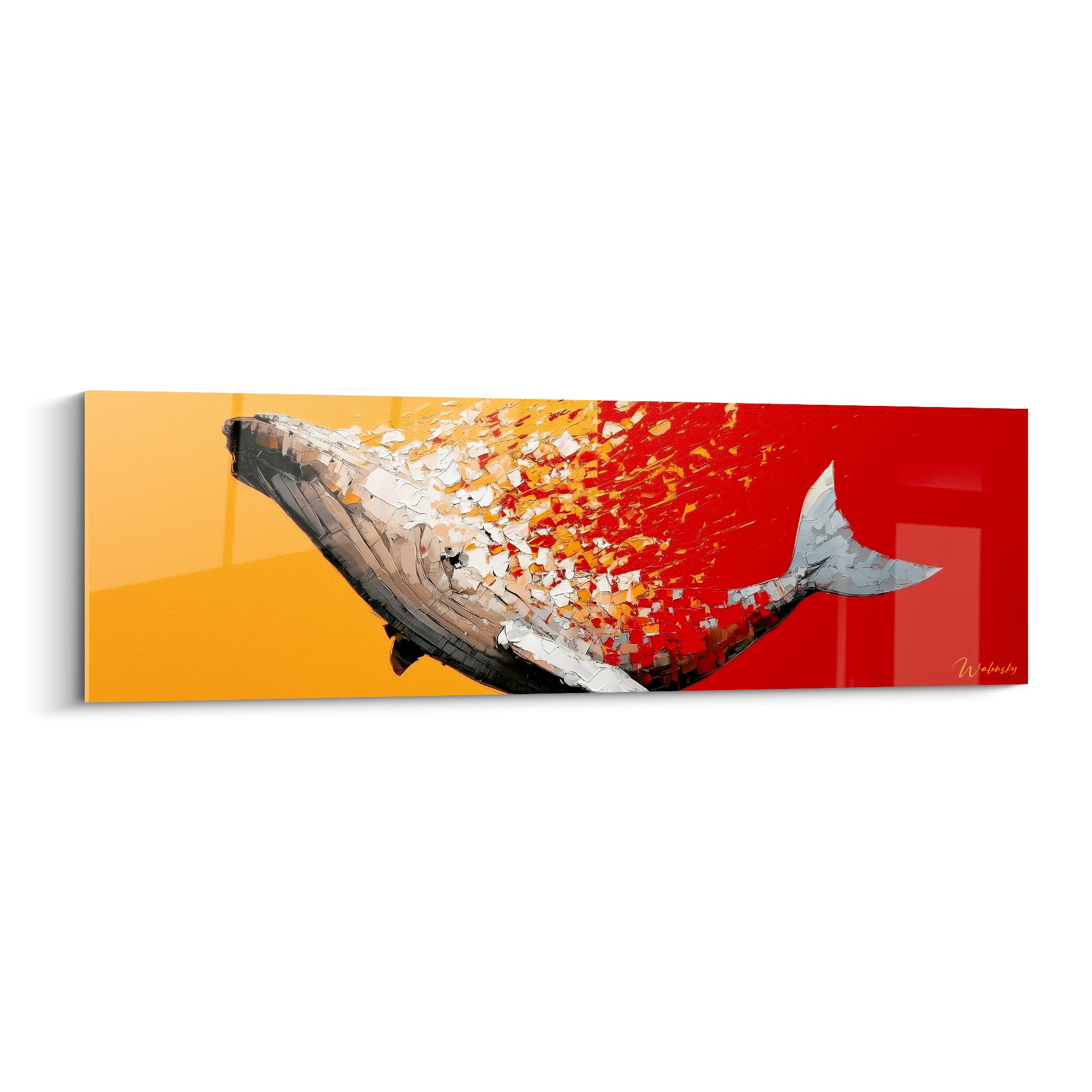 Baleine argentée jaillit d'un fond jaune vers un rouge intense, texture éclatée en relief