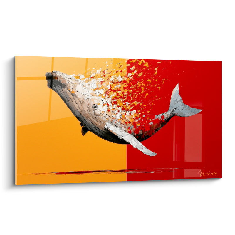 Tableau Baleine fond jaune et rouge éclats - Envol de matière - Edition Baleine