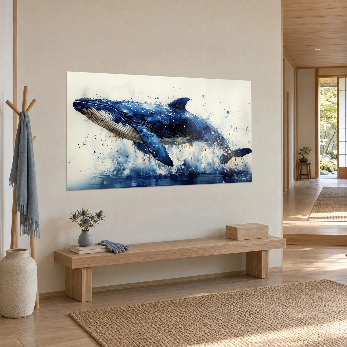 Wall art of a giant whale surging out of the waves, cobalt fin, ivory background speckled with ochre, three-quarter view in a japandi hallway