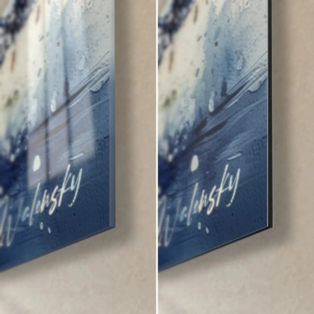 Wall art of a leviathan in indigo and cream white watercolor, bottom right corner: glossy glass on the left, matte Dibond on the right, 3 mm edge