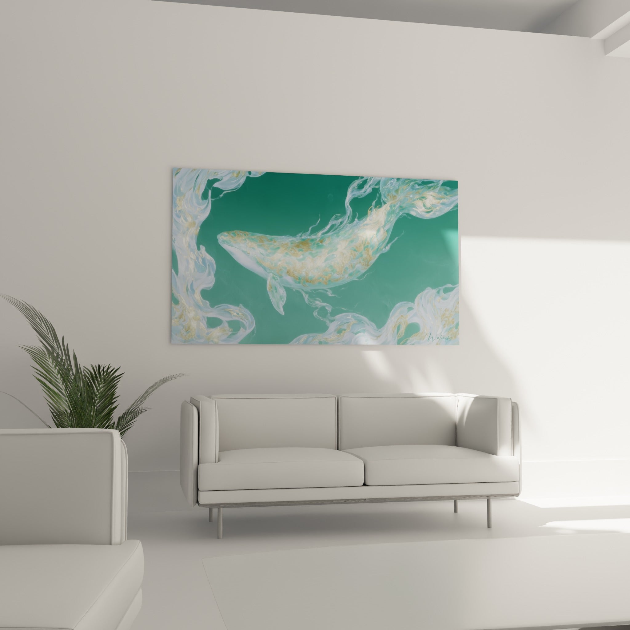 Animal marin marbré vert et or entouré de courants blancs, au-dessus d'un canapé dans un salon lumineux