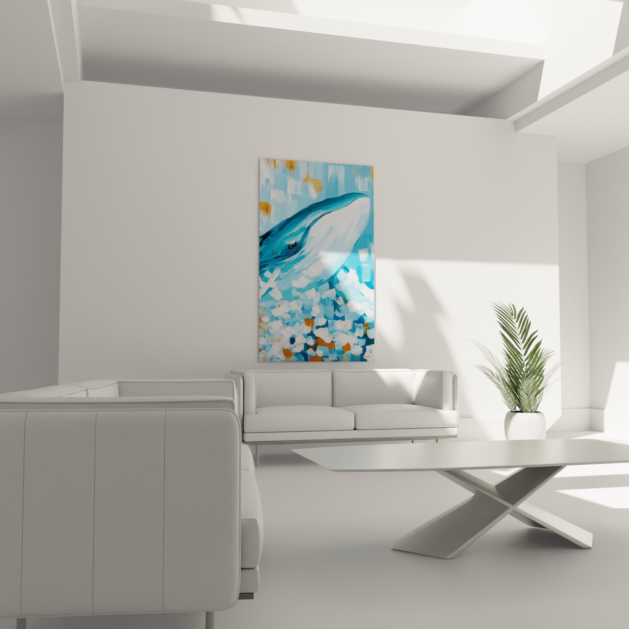 Mammifère marin bleu turquoise et blanc cassé peint à l'huile, au-dessus d'un canapé dans un salon lumineux