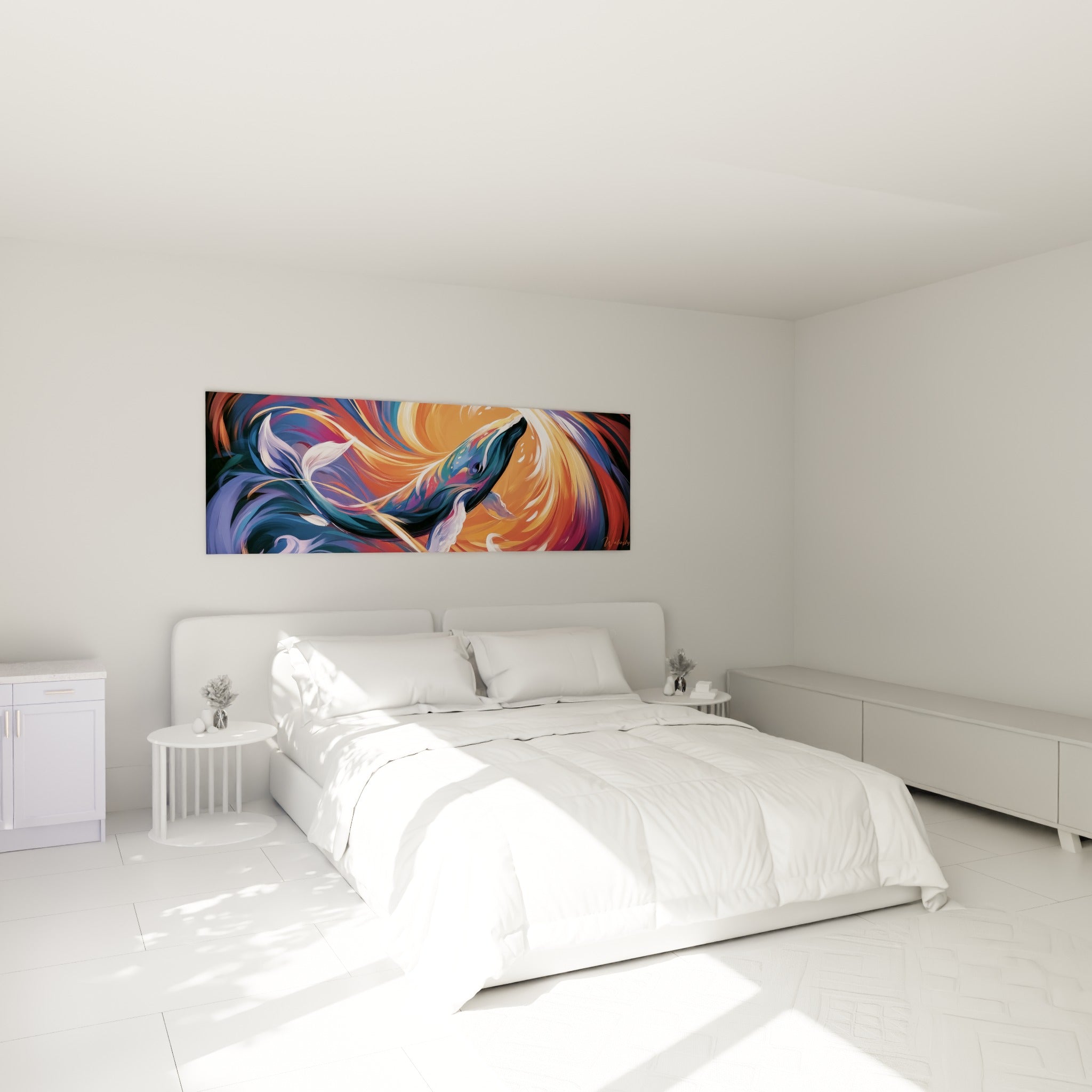 Cétacé aux teintes bleu pétrole et orange traversant une toile murale, au-dessus d'un lit dans une chambre claire
