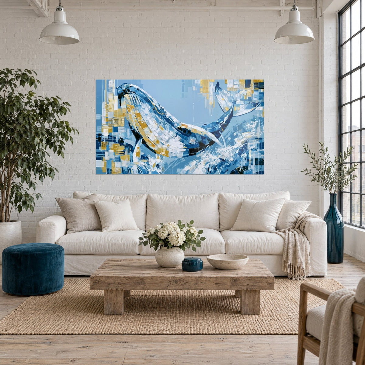 Gemälde Buckelwal in Himmelblau und Ocker, springend aus der Gischt, pixelige Mosaiksteinchen, über einem Sofa in einem hellen Wohnzimmer