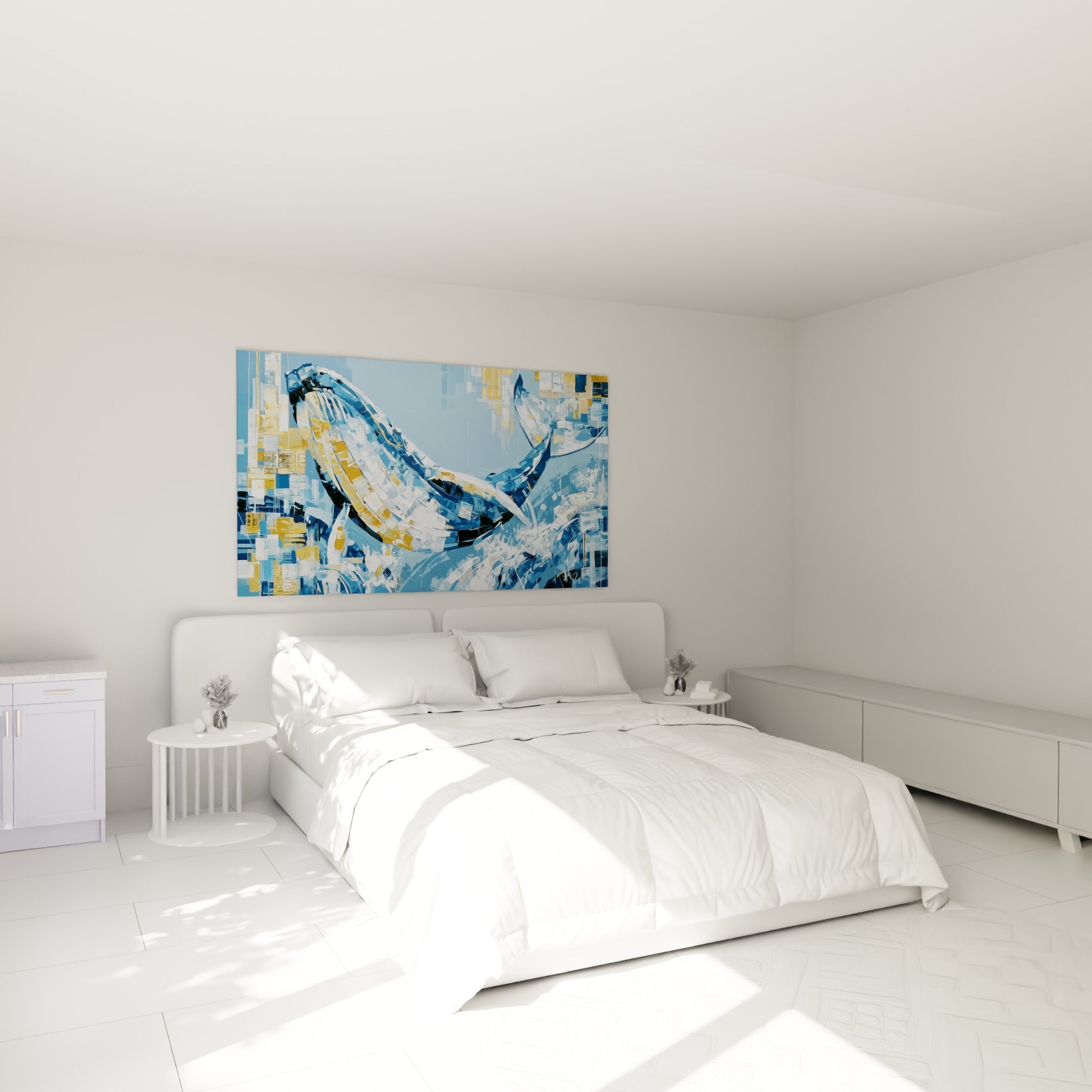 Cétacé aux teintes bleu pastel et ocre en plein saut, accroché au-dessus d'un lit dans une chambre claire