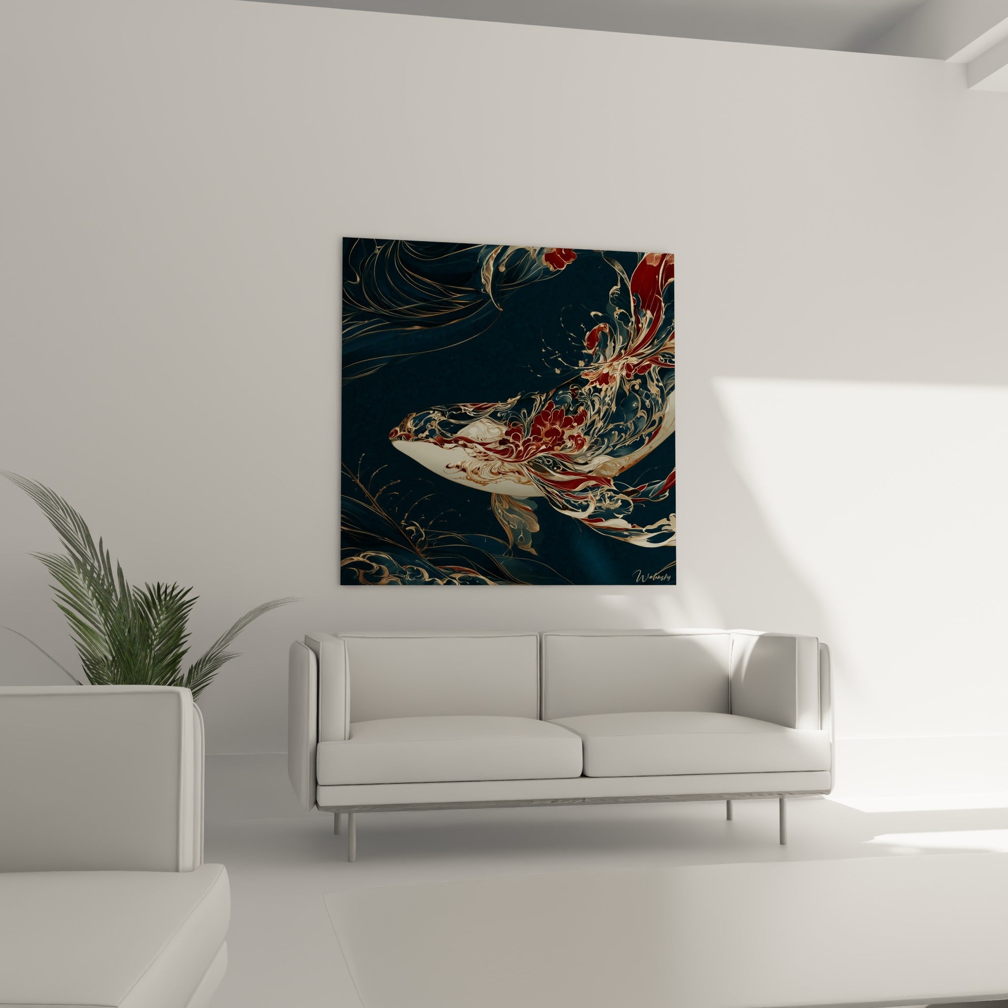 Baleine dorée et bordeaux dans les profondeurs marines placée au-dessus d'un canapé dans un salon lumineux