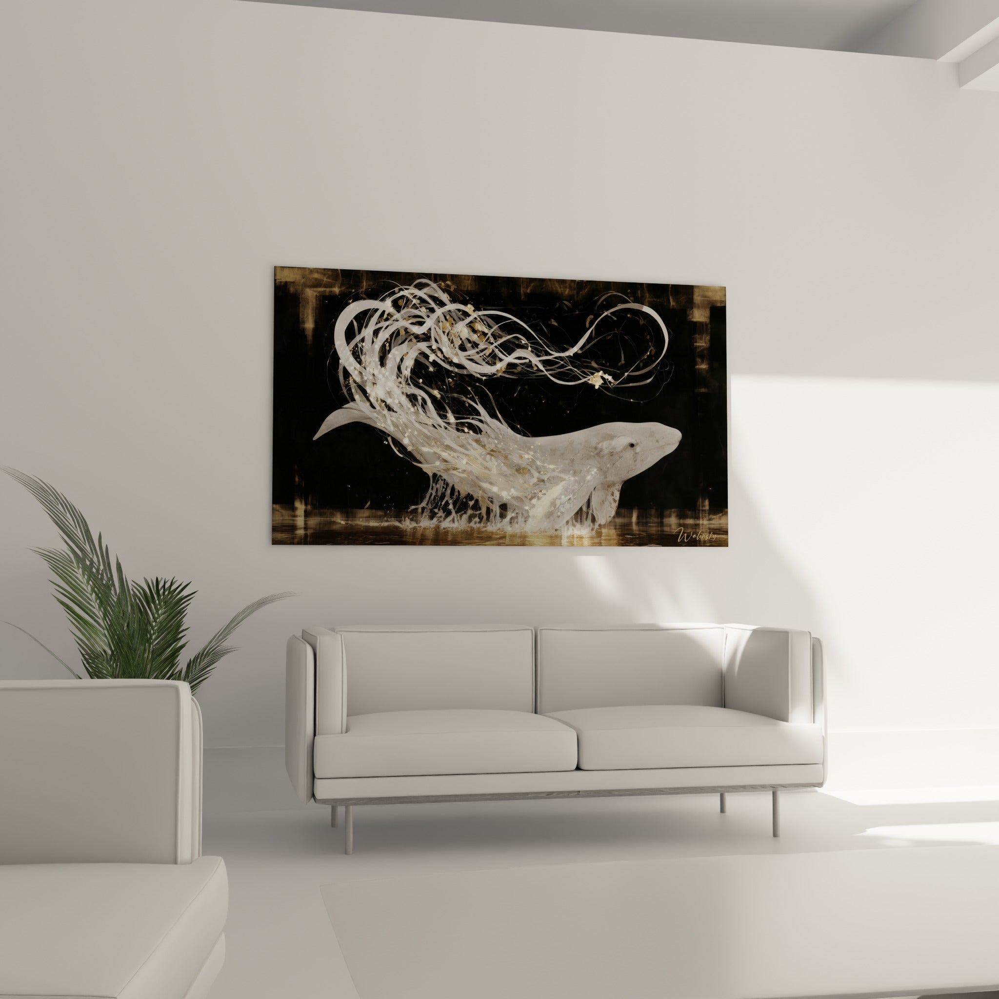Museau de la baleine et panache de lignes blanches scintillantes, au-dessus d'un canapé dans un salon lumineux