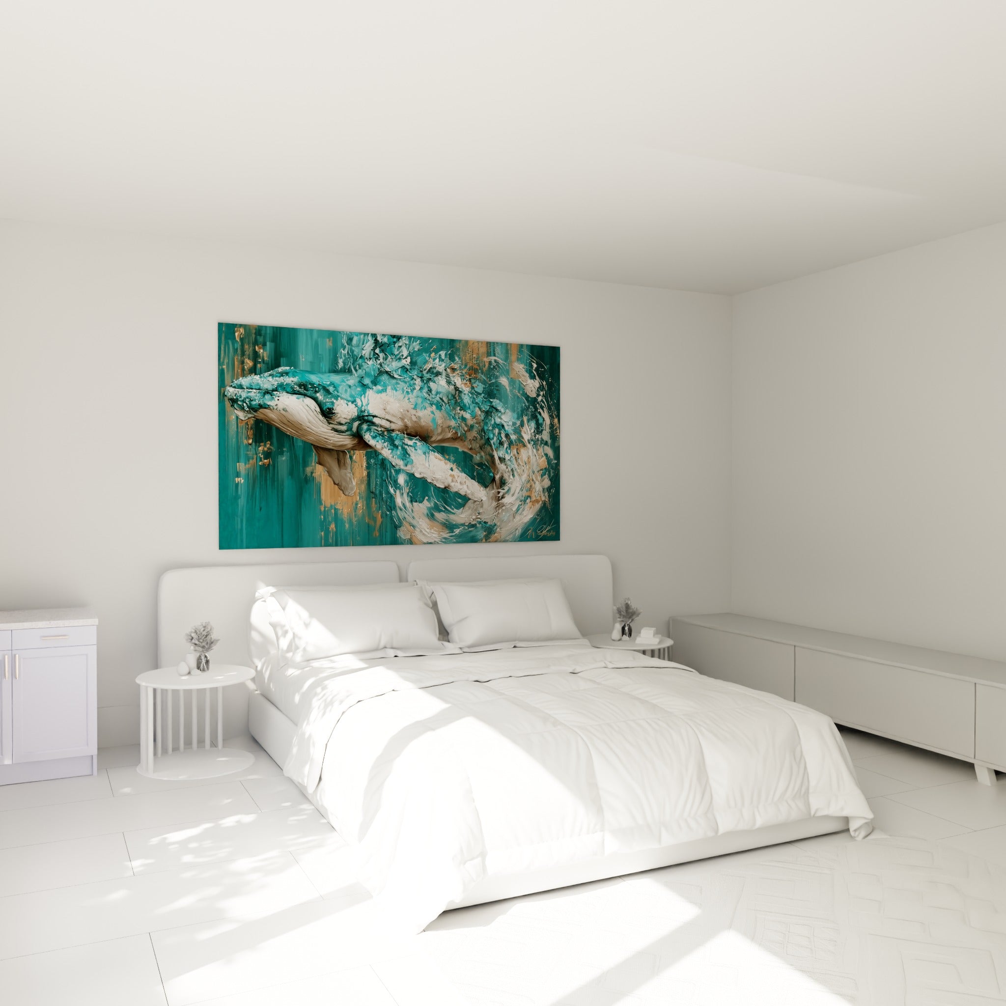 Nage majestueuse de la baleine turquoise et blanche au-dessus d'un lit dans une chambre claire
