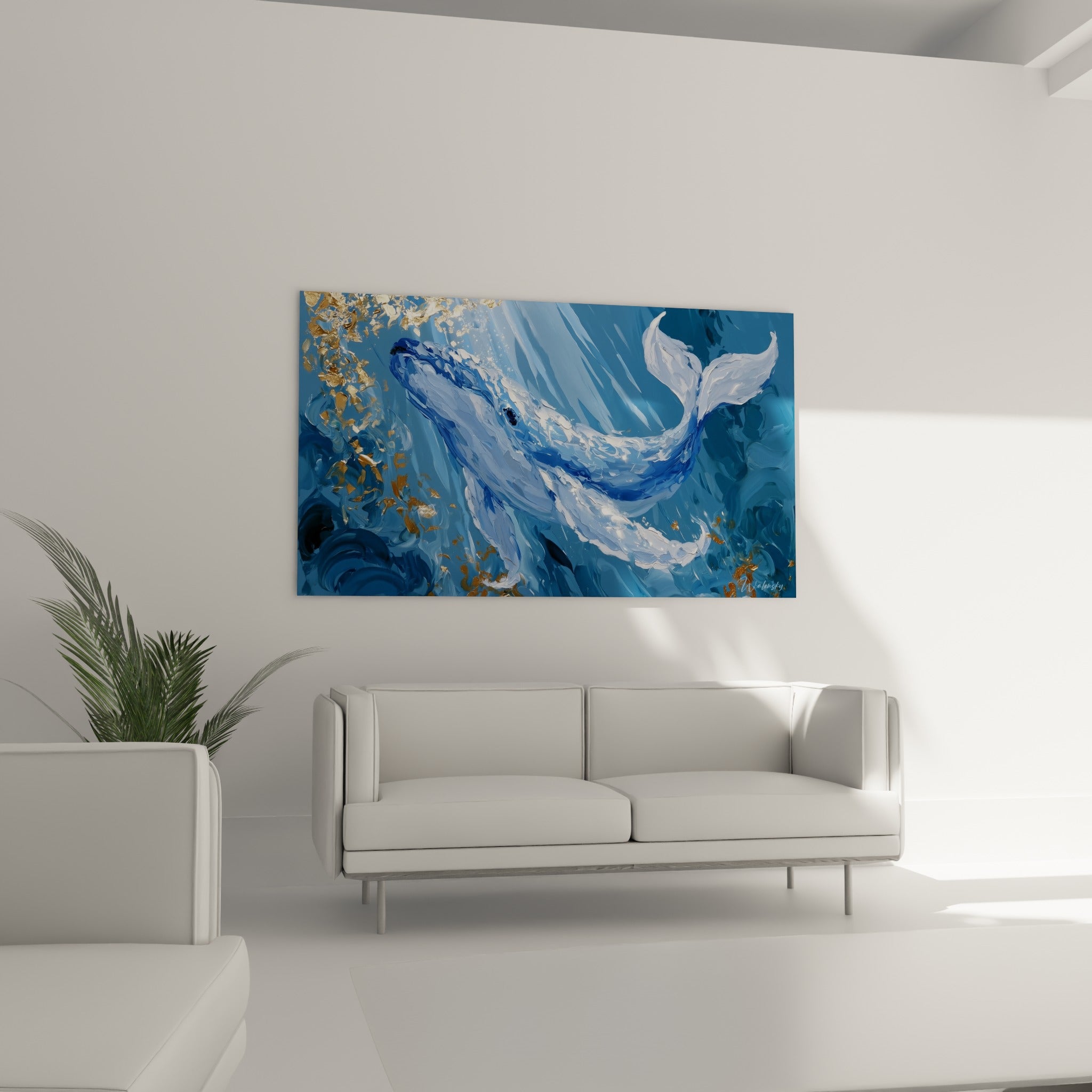 Nageoire caudale blanche et bleu ardoise déployée, tableau accroché au-dessus d'un canapé dans un salon lumineux