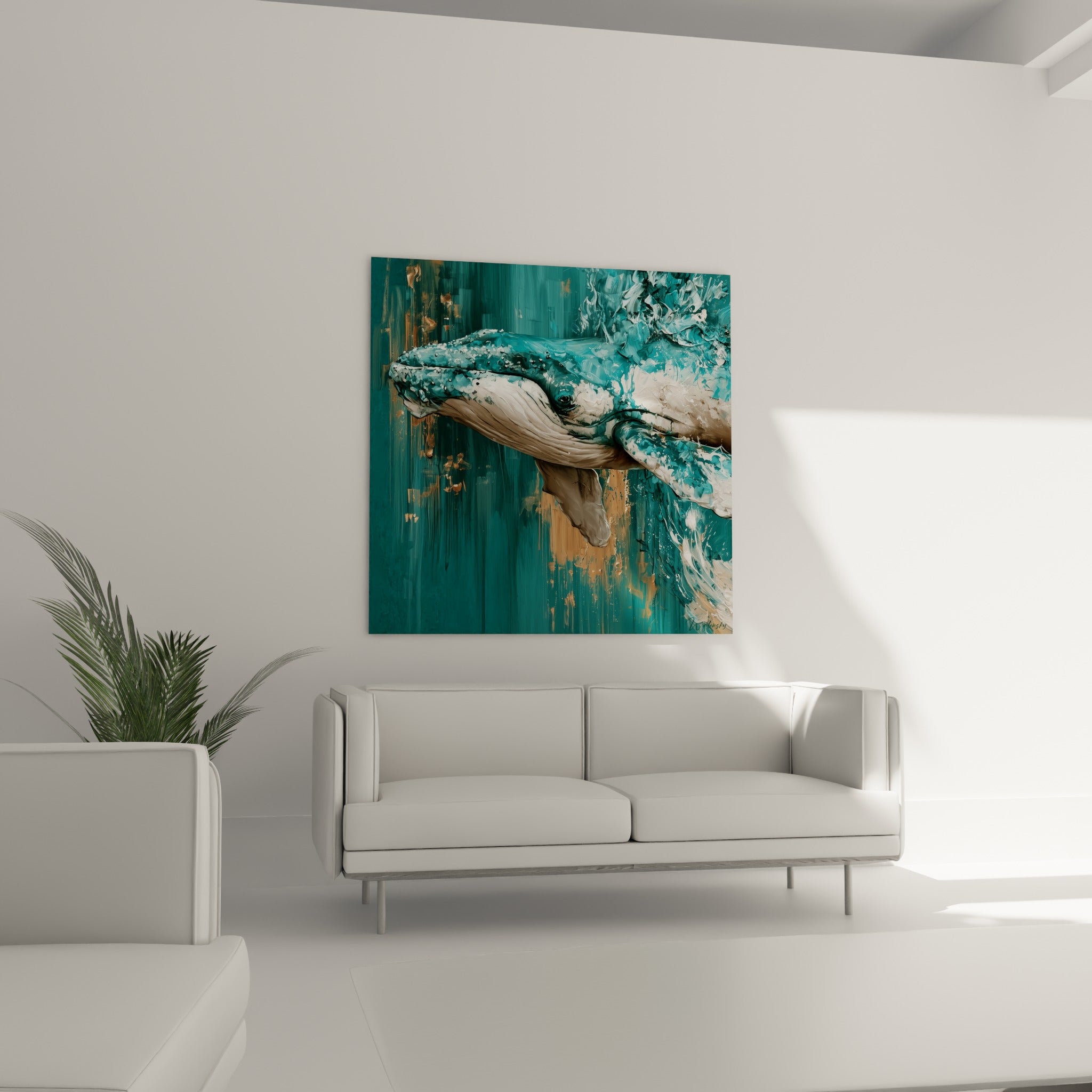 Nageoire grise et corps turquoise ruisselant de touches dorées, au-dessus d'un canapé dans un salon lumineux