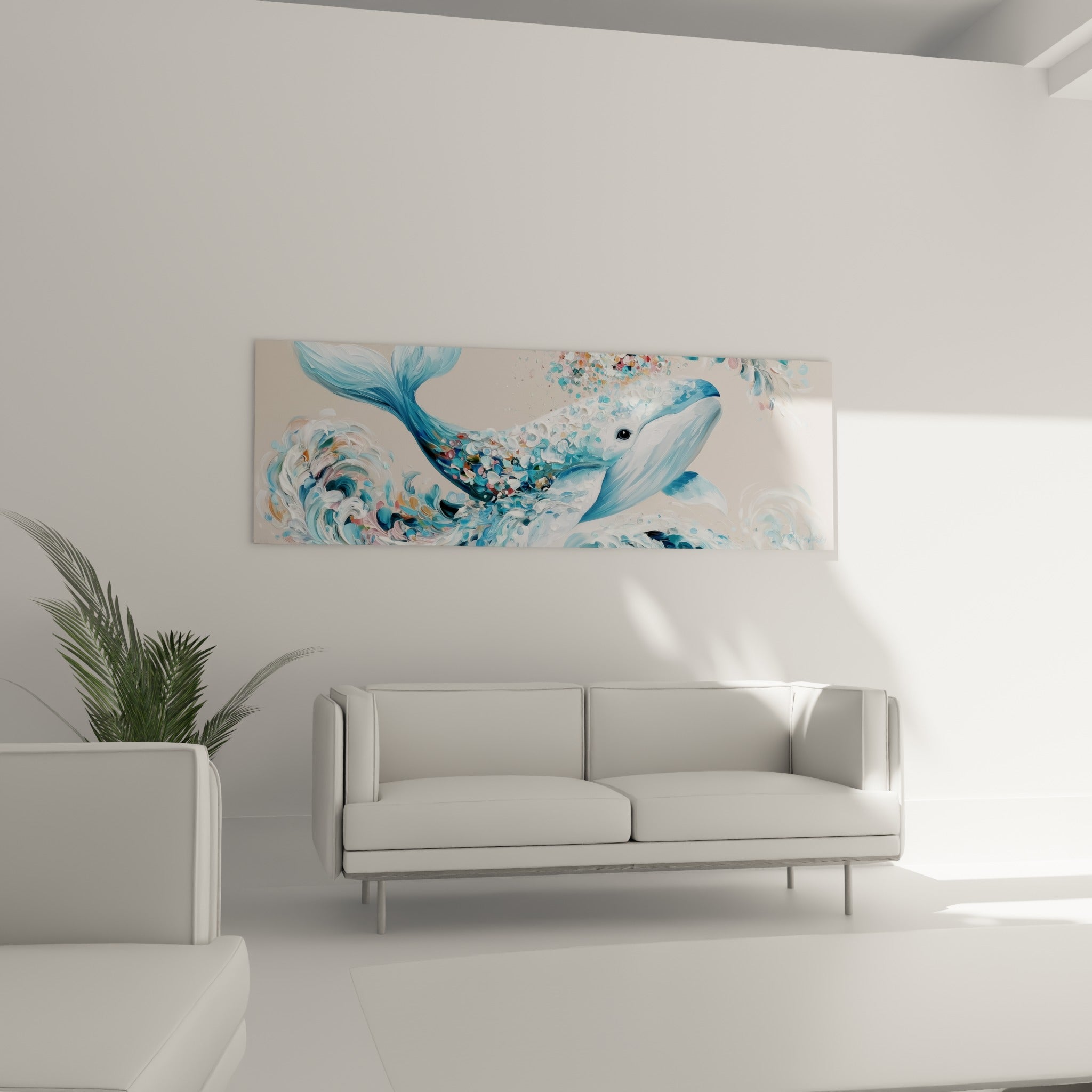 Nageoire et vague bleu pastel de la baleine, disposées au-dessus d'un canapé dans un salon lumineux