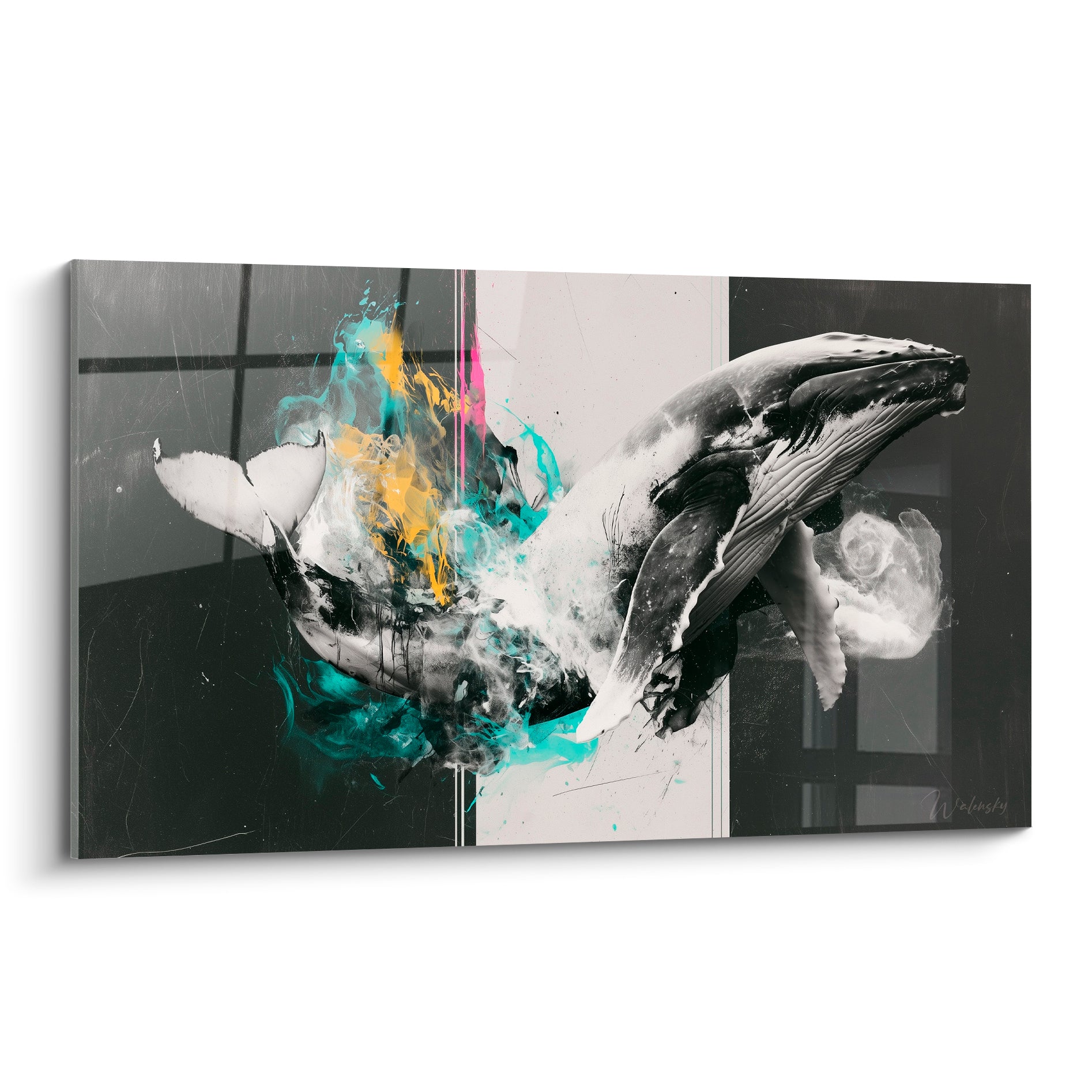 Baleine en noir et blanc jaillissant d'éclaboussures turquoise et dorées sur fond anthracite