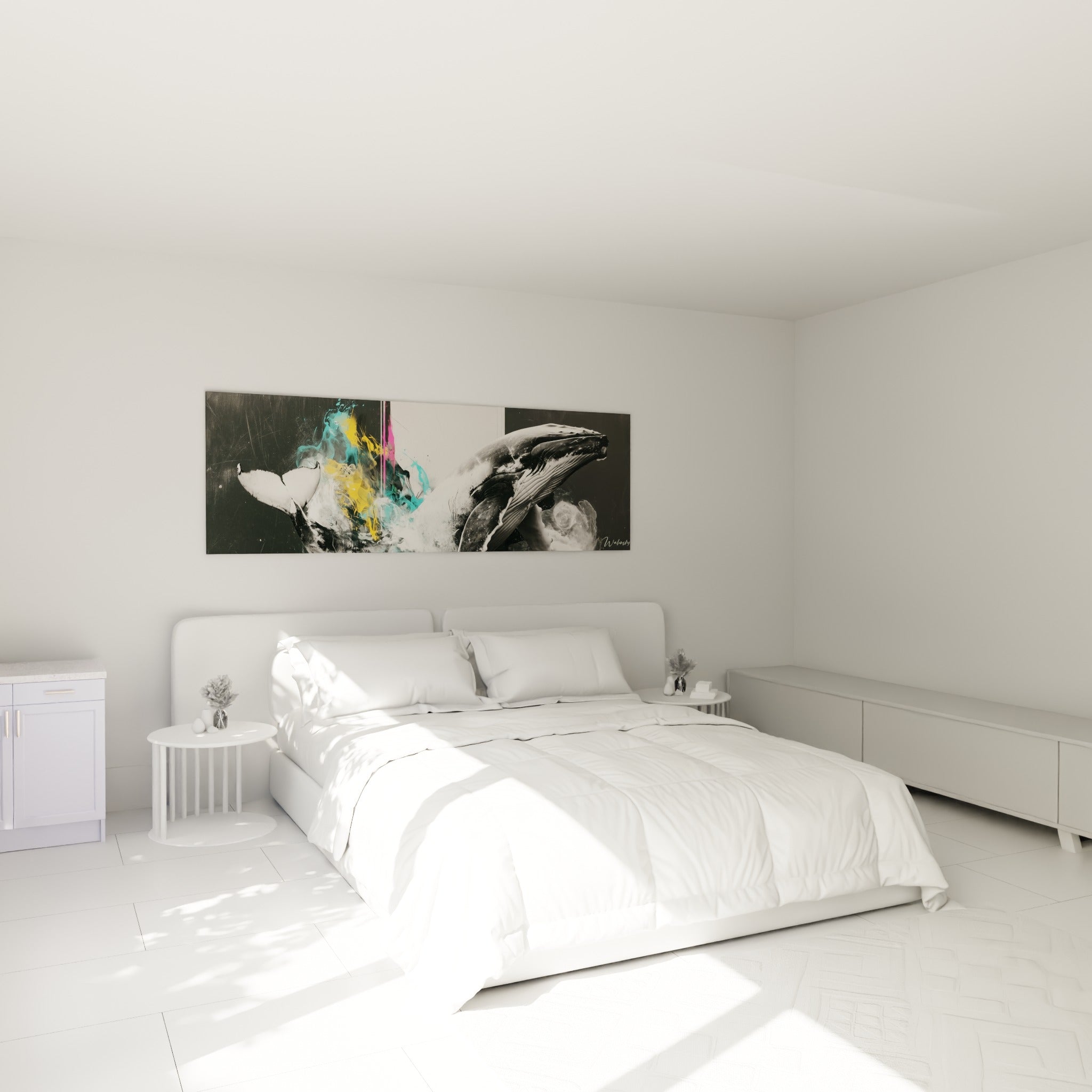 Cétacé monochrome et éclats colorés turquoise et jaune accrochés au-dessus d'un lit dans une chambre claire