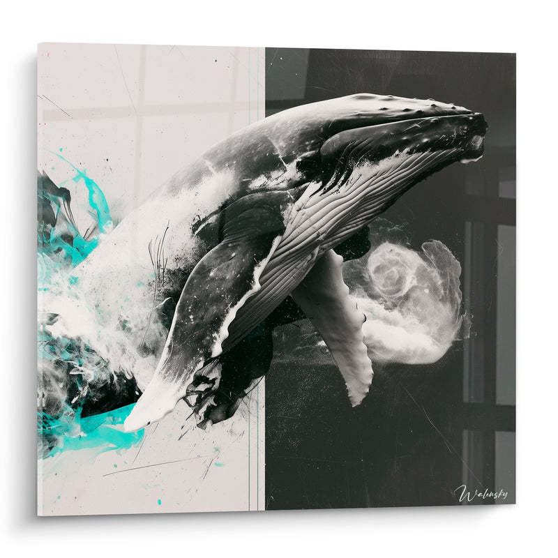 Tableau Baleine noir blanc éclaboussures turquoise - Jaillissement océanique - Edition Baleine