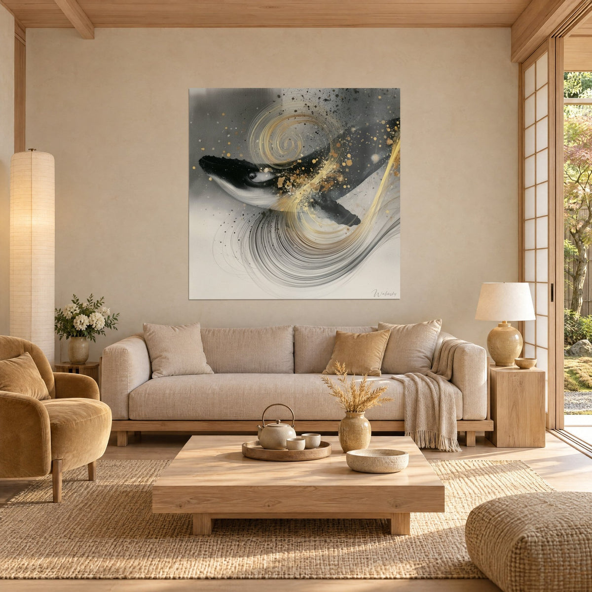 Schilderij zwart-witte walvis omringd door gouden spiralen, gouden spatten, boven een bank in een lichte woonkamer