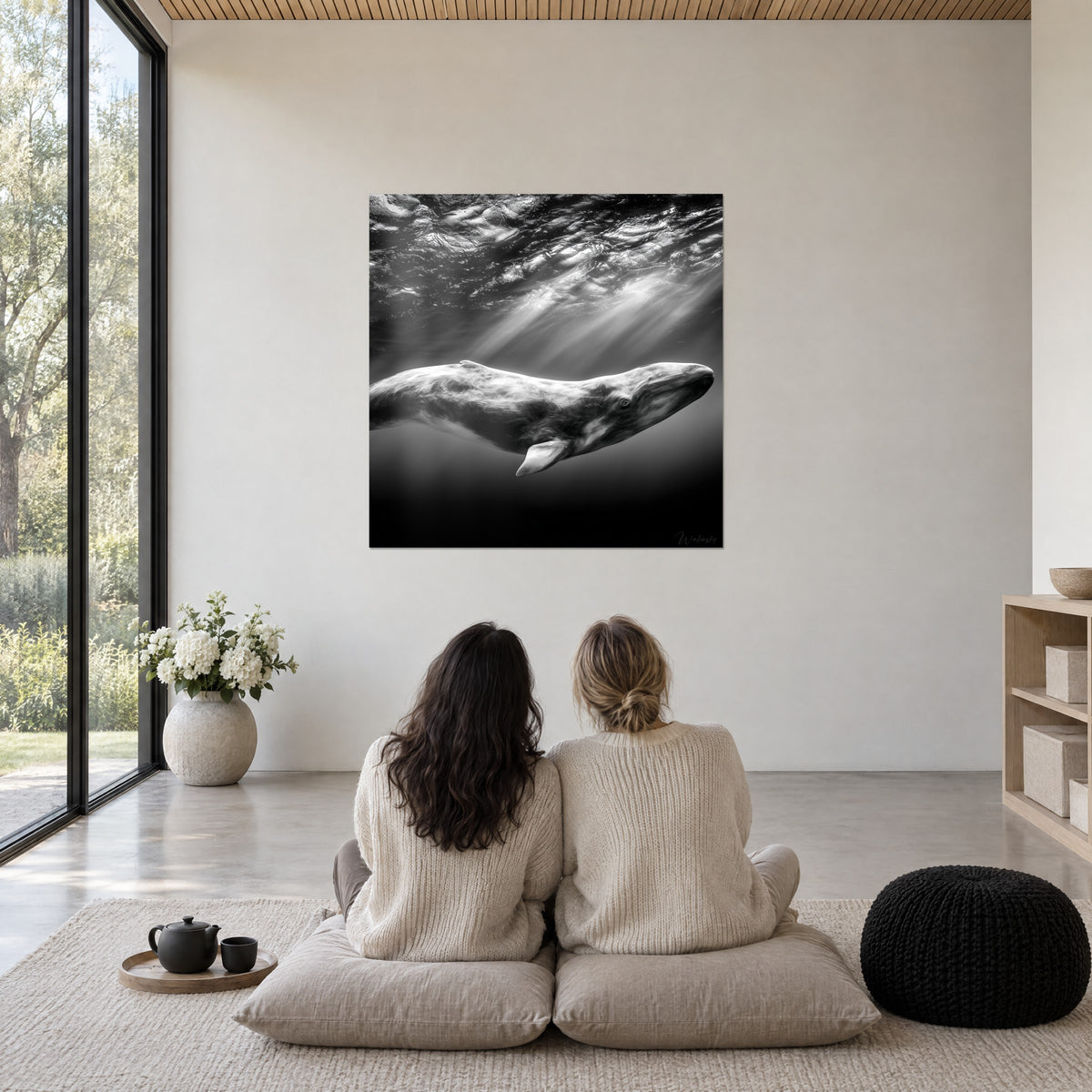 Cuadro de una gran ballena y ondulaciones blancas luminosas sobre un fondo negro profundo, pared blanca, dos mujeres sentadas de espaldas sobre cojines