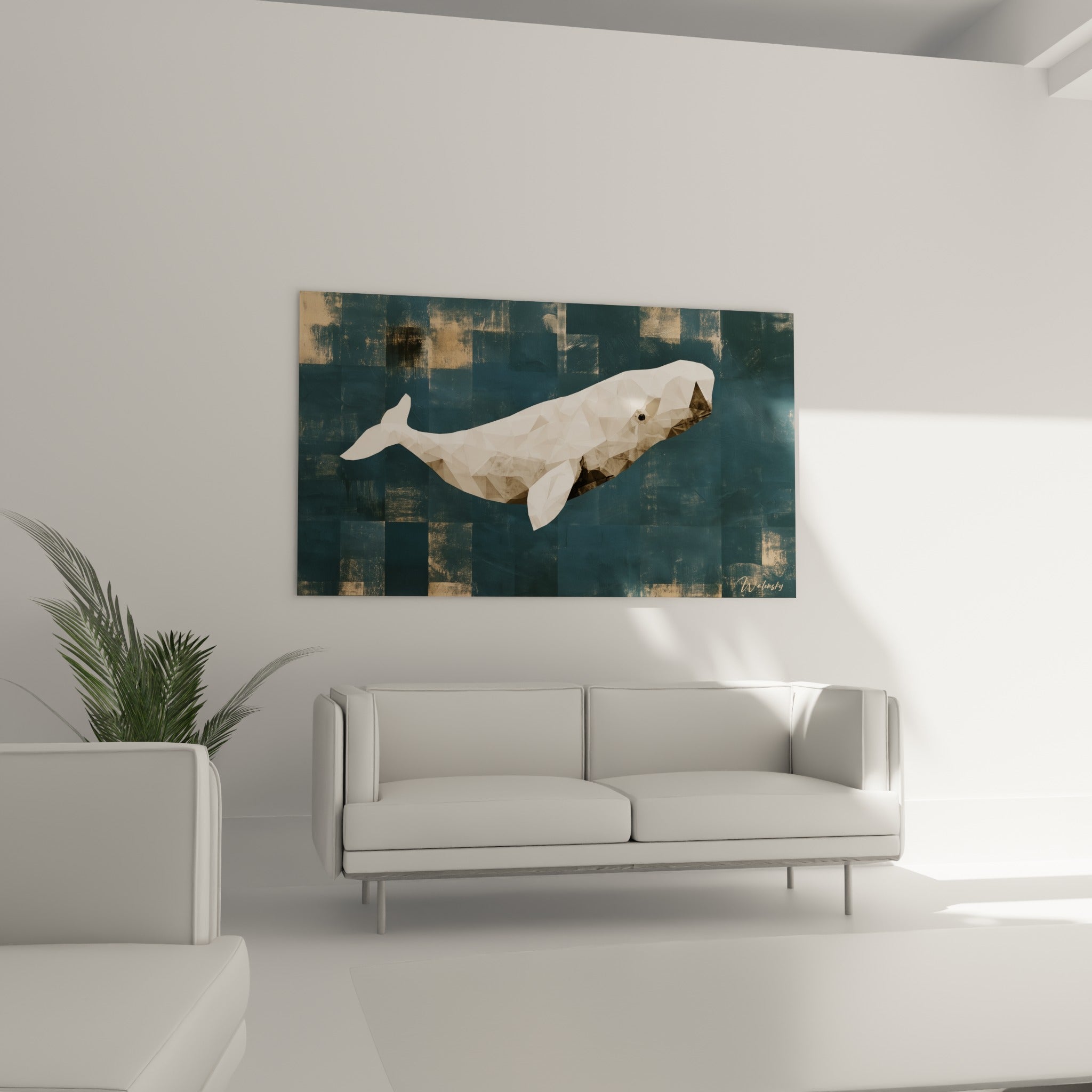 Animal marin stylisé en tons beige et bleu profond au-dessus d'un canapé dans un salon lumineux