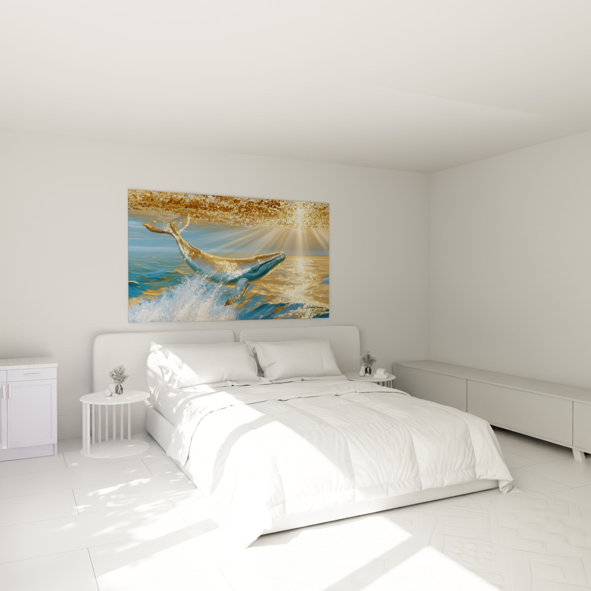 Cétacé doré en plein saut au-dessus des vagues bleu turquoise, au-dessus d'un lit dans une chambre claire