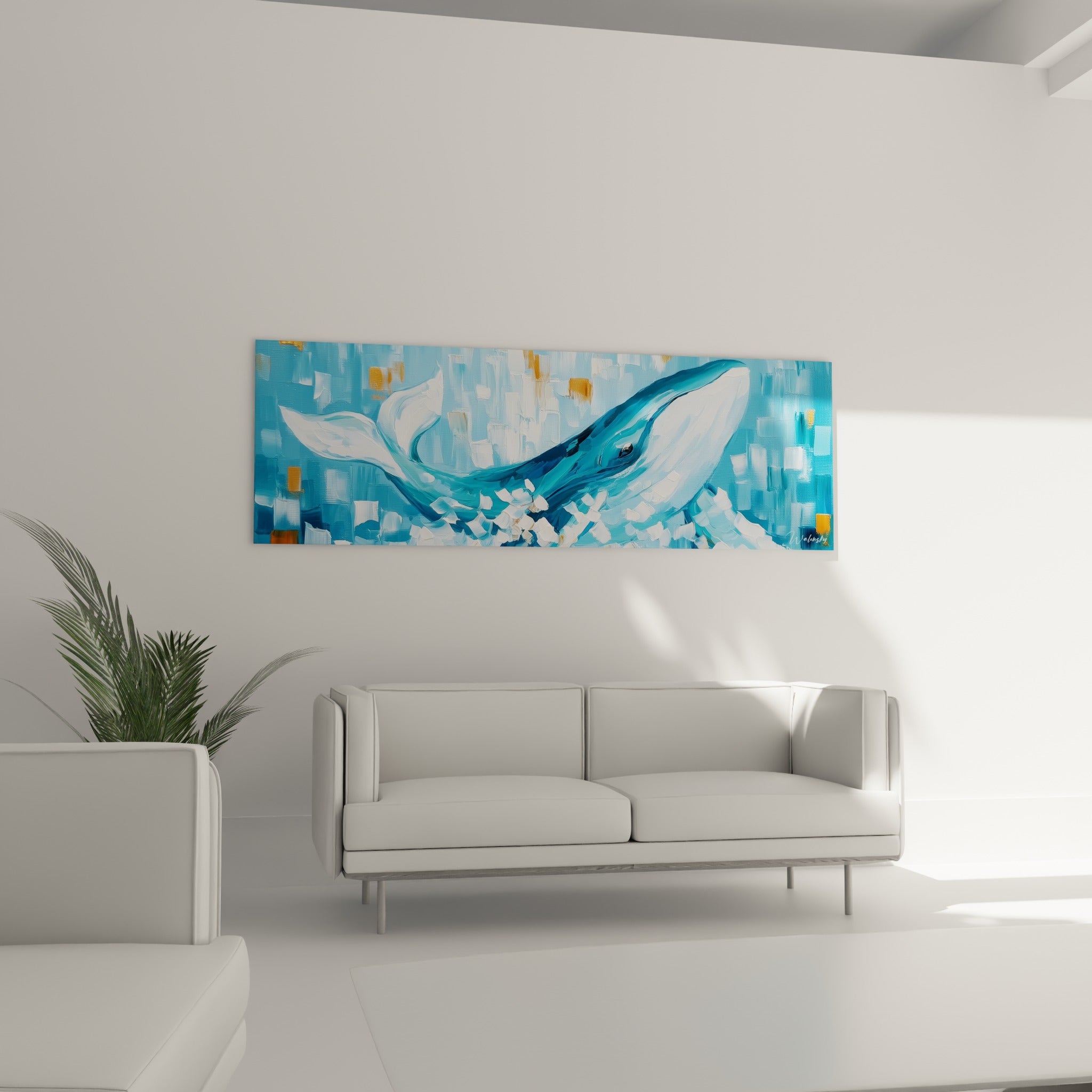 Baleine aux reflets ocre et bleu profond en mouvement, au-dessus d'un canapé dans un salon lumineux