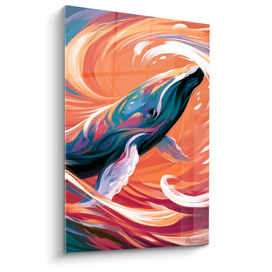 Tableau Baleine orange corail nageoires blanches - Embrasement marin - Edition Baleine