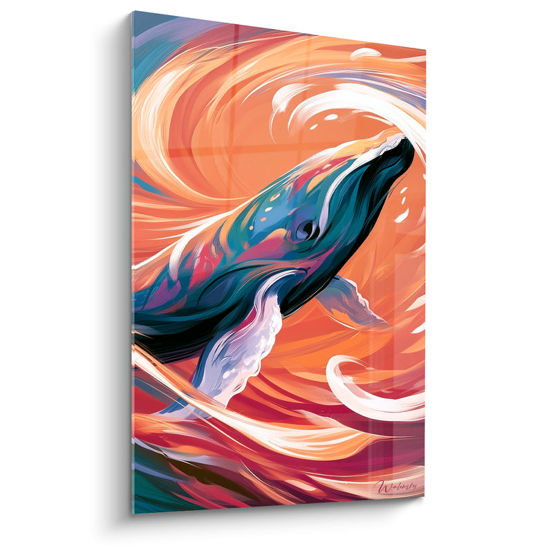 Tableau Baleine orange corail nageoires blanches - Embrasement marin - Edition Baleine